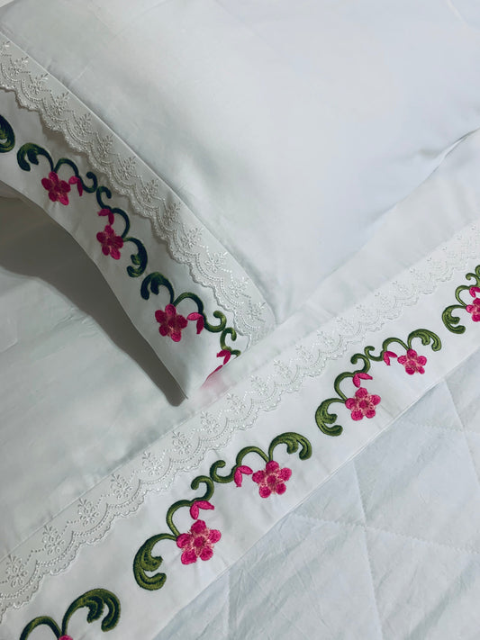 Elevate Your Bedroom Decor with Luxurious Embroidered Flower Motif Bed Sheets