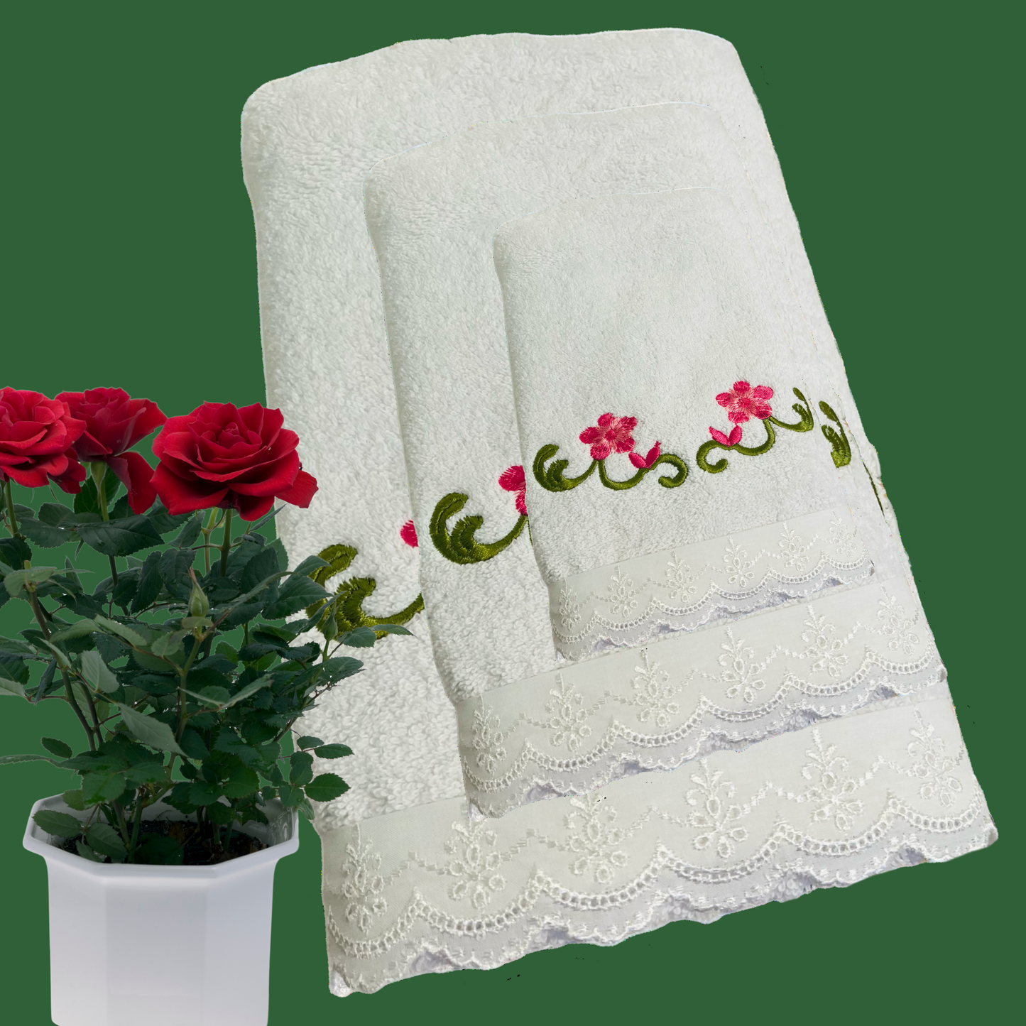 Embroidered Flower Motif Bath Towel Set