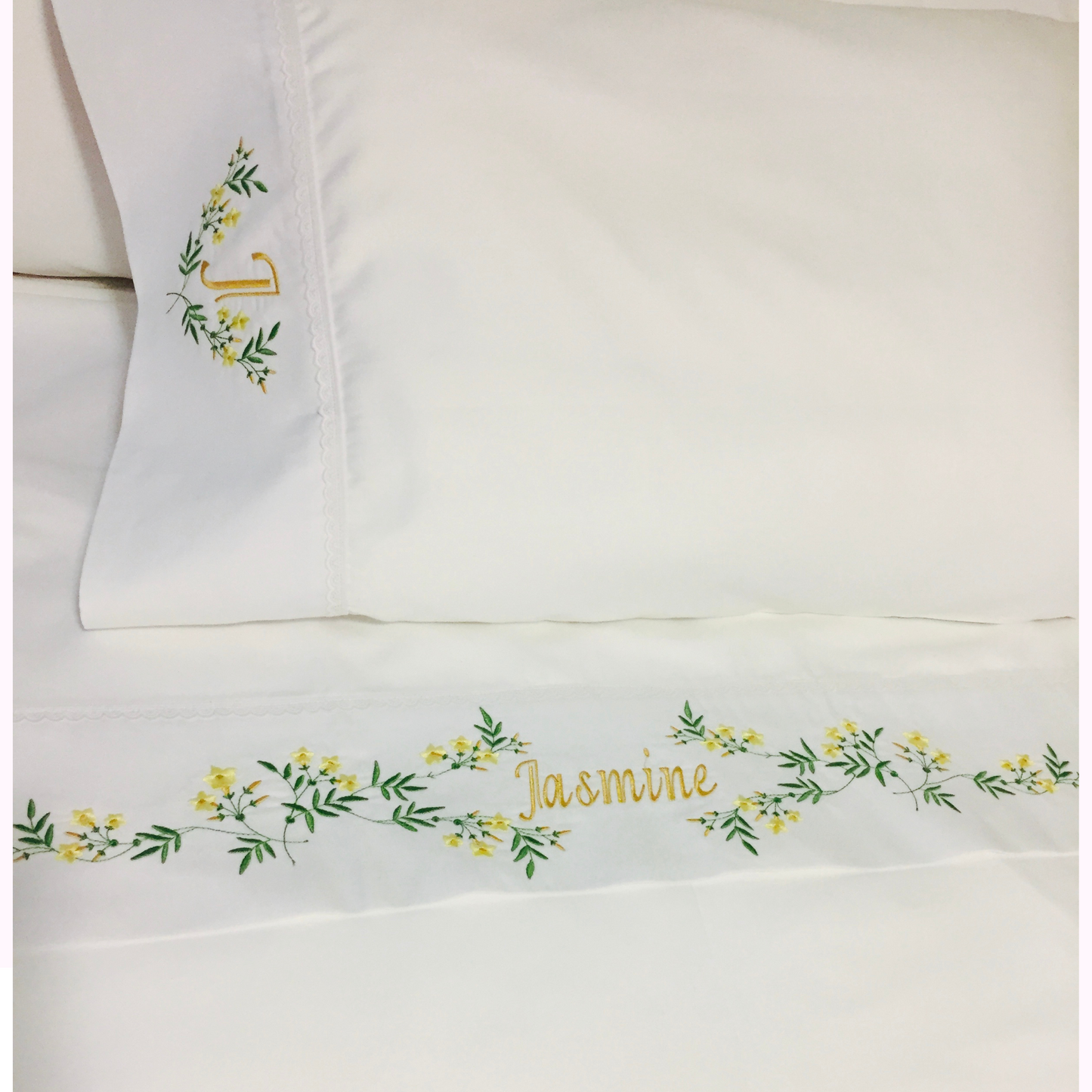 Embroidered Jasmines Bed Sheet – 600 Thread Count Pima Cotton