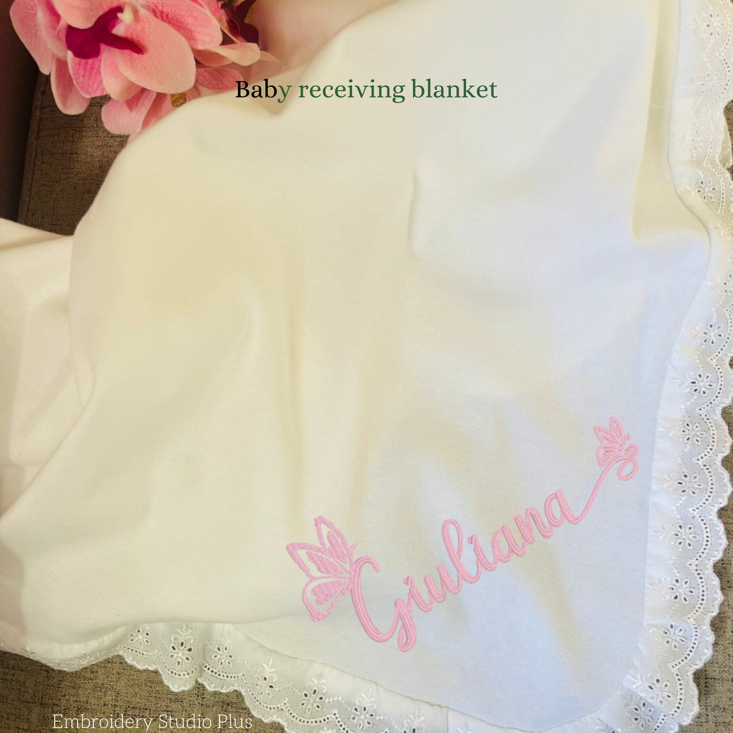 Personalized Baby Gift Set – Embroidered Name or Monogram, 100% Cotton with Lace Trim