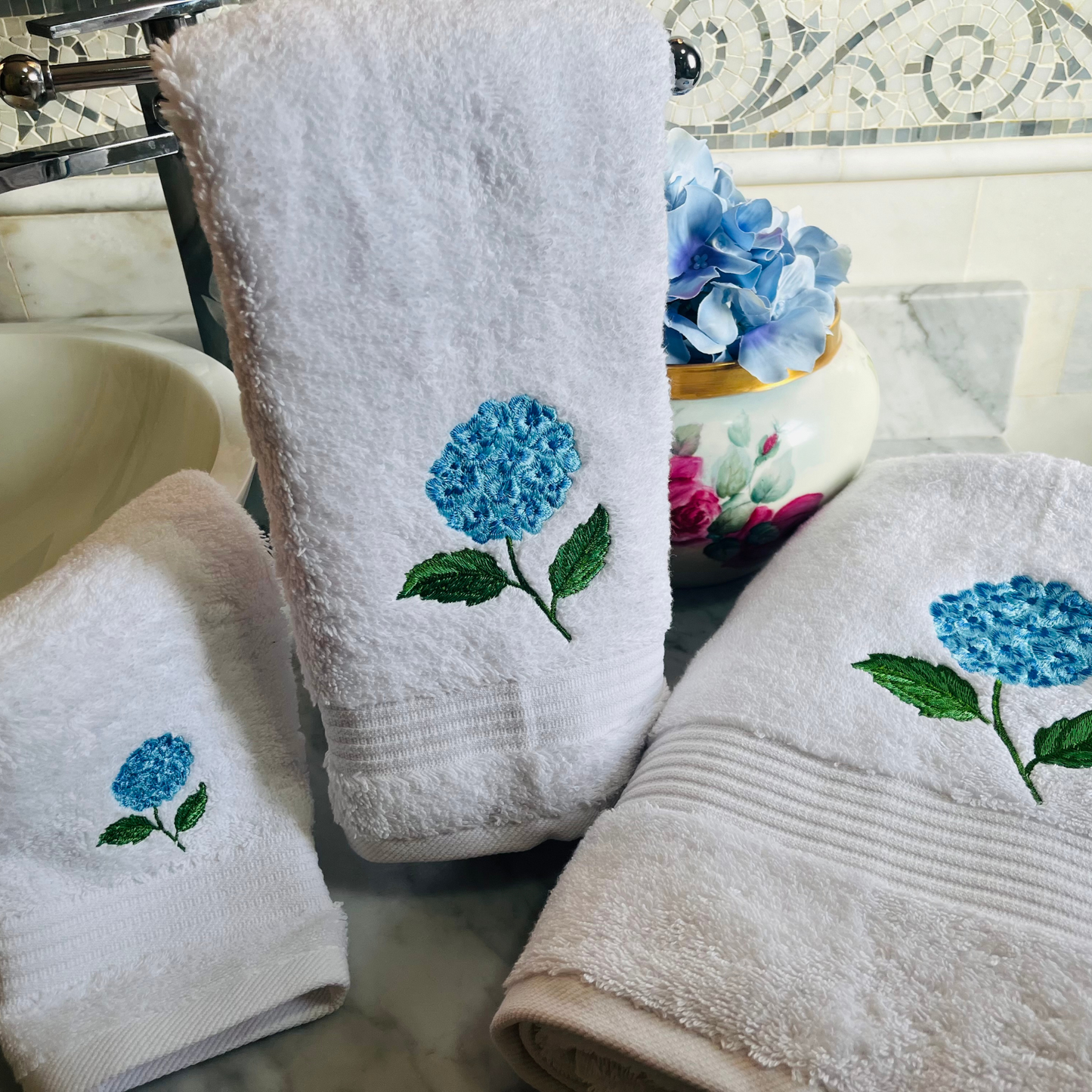 Hydrangea Embroidered Turkish Cotton Towel Set – Luxury Bathroom Decor & Gift Ideas