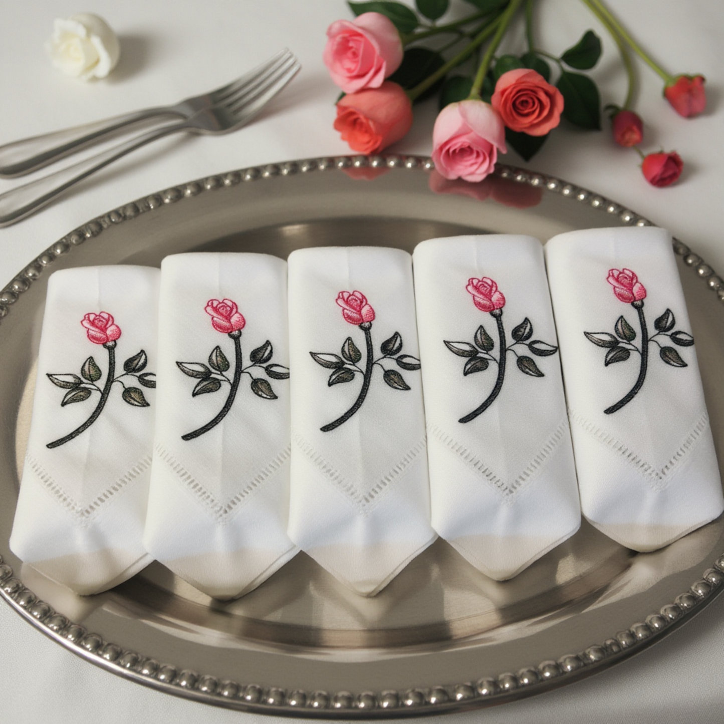 Elegant Rosebud Embroidered Linen-Cotton Dinner Napkins – Set of 2