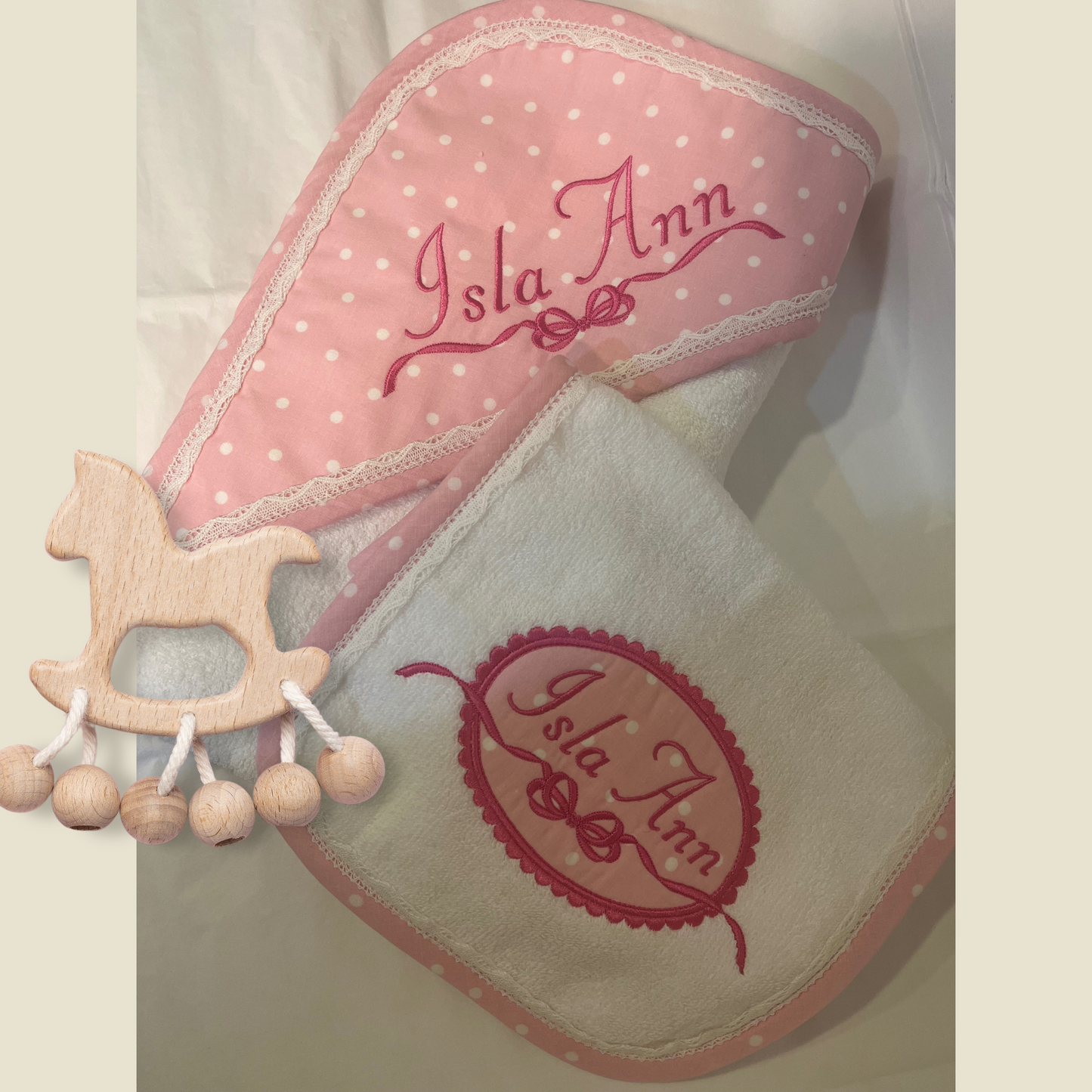 Personalized Pink Polka Dot Baby Bath Towel & Burp Cloth