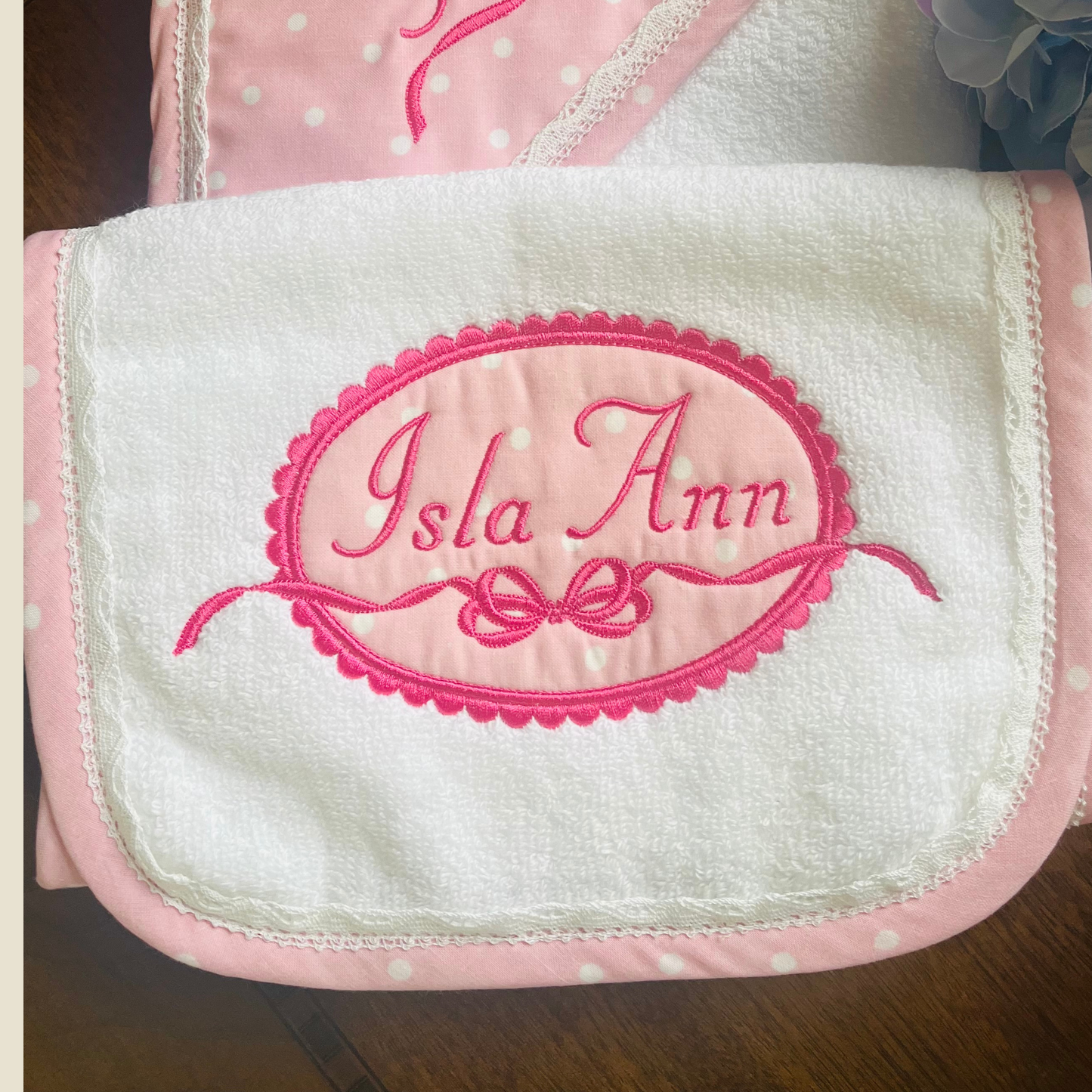 Personalized Pink Polka Dot Baby Bath Towel & Burp Cloth