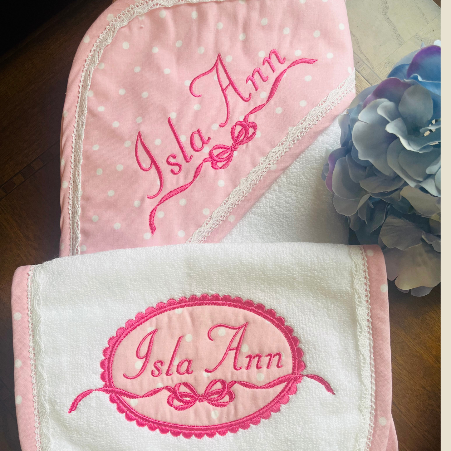 Personalized Pink Polka Dot Baby Bath Towel & Burp Cloth