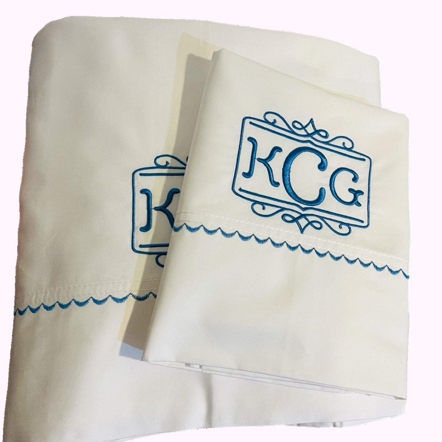 Monogrammed Bed Sheet Sets with Matching Color Scallop Border