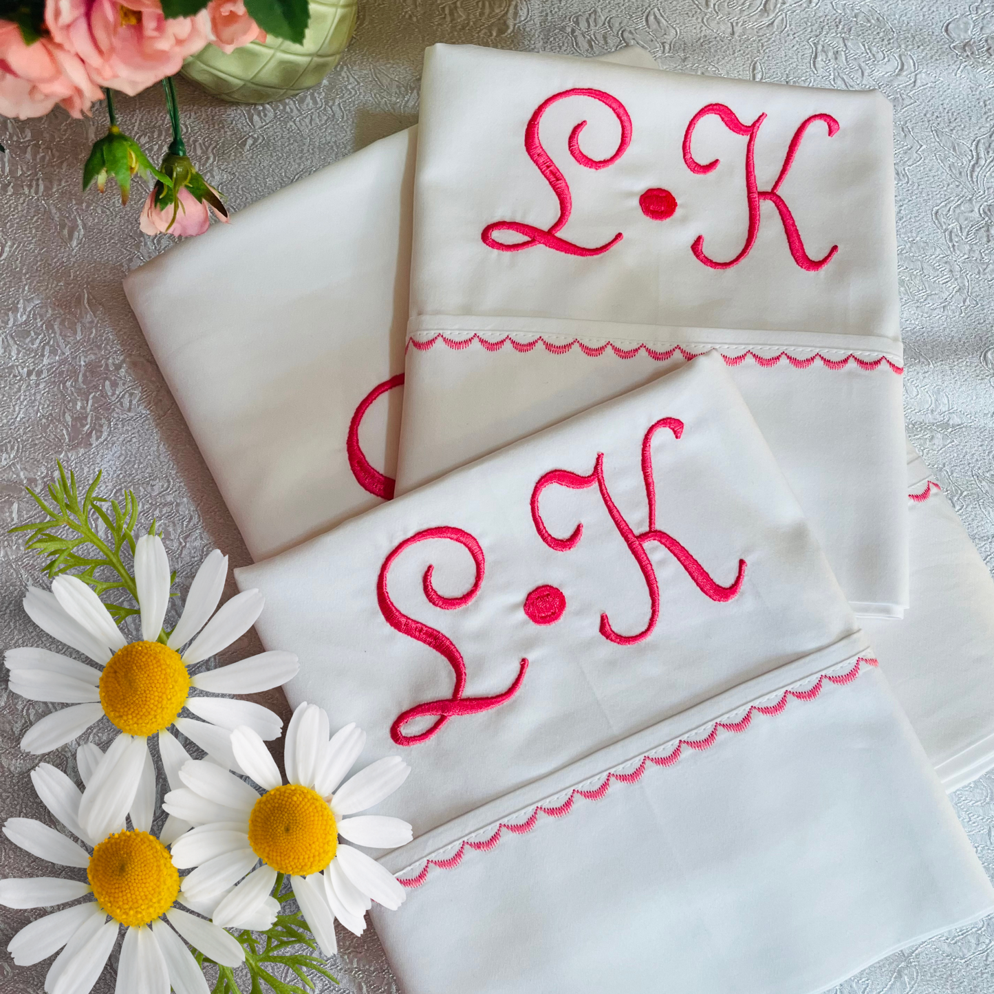 Monogrammed Bed Sheet Sets with Matching Color Scallop Border