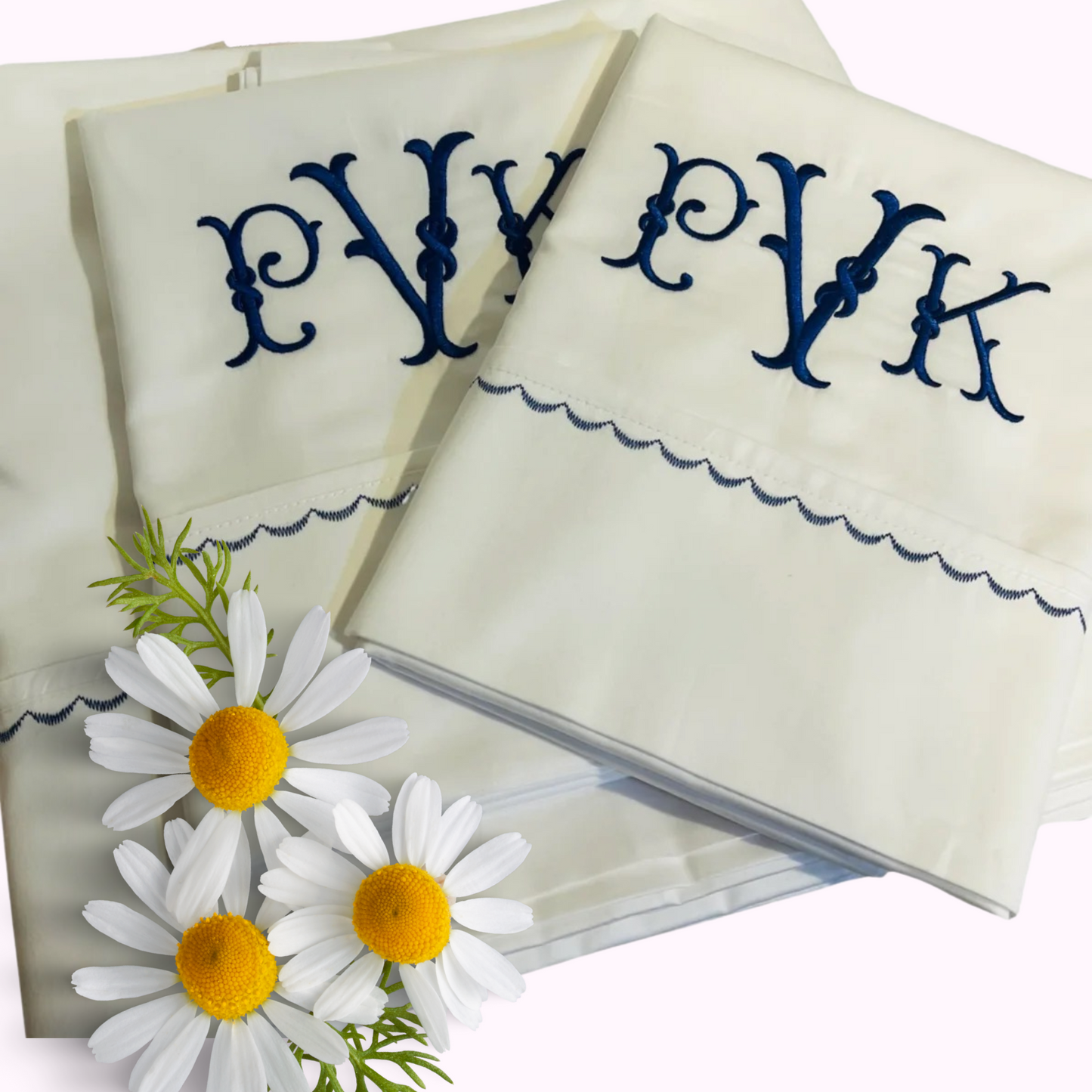Monogrammed Bed Sheet Sets with Matching Color Scallop Border