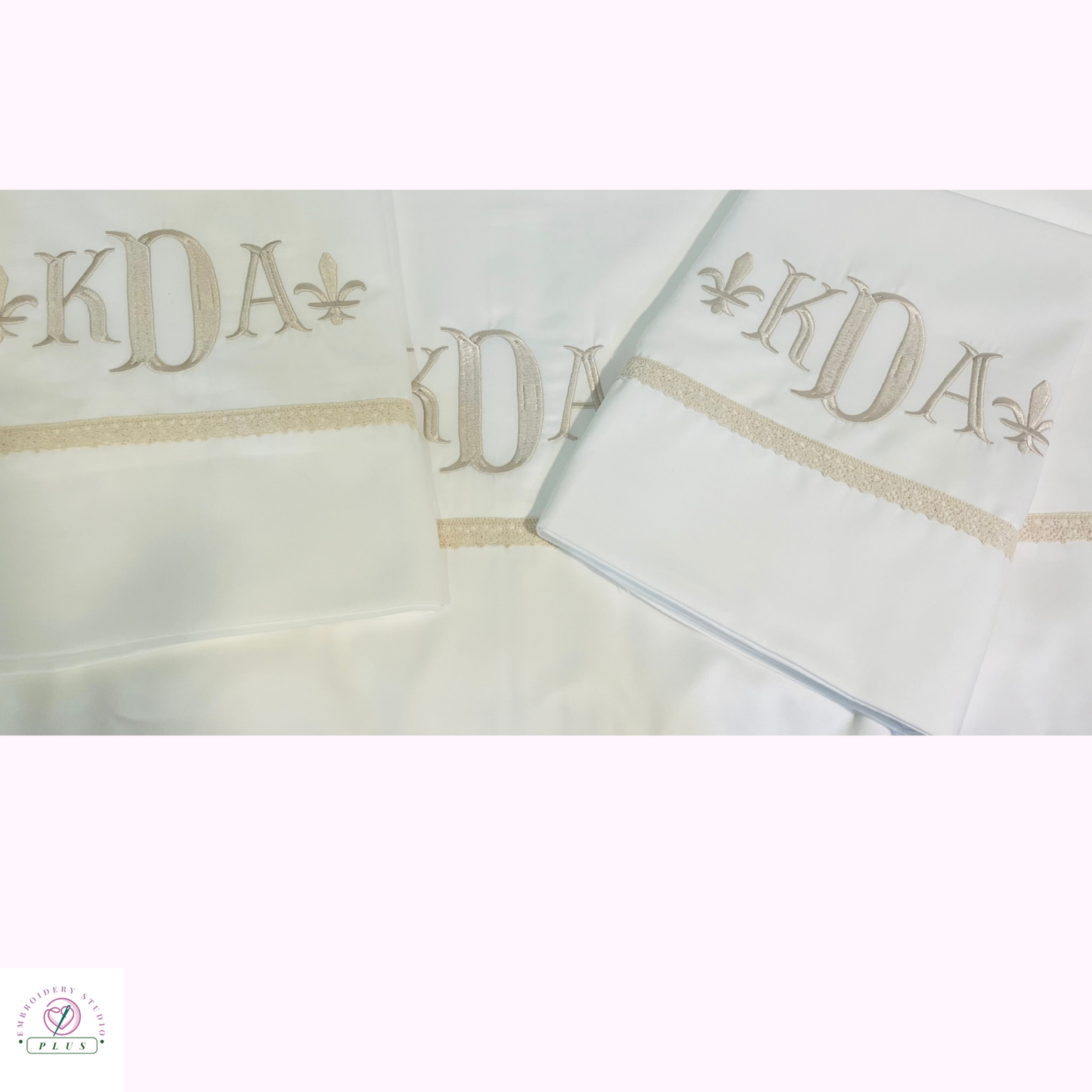 Monogrammed Bed Sheets With Beige Lace Border