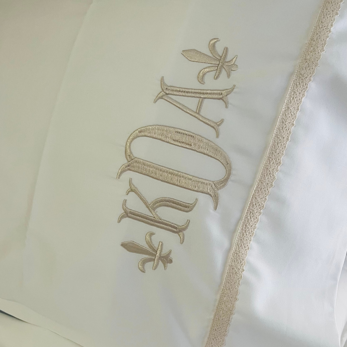 Monogrammed Bed Sheets With Beige Lace Border