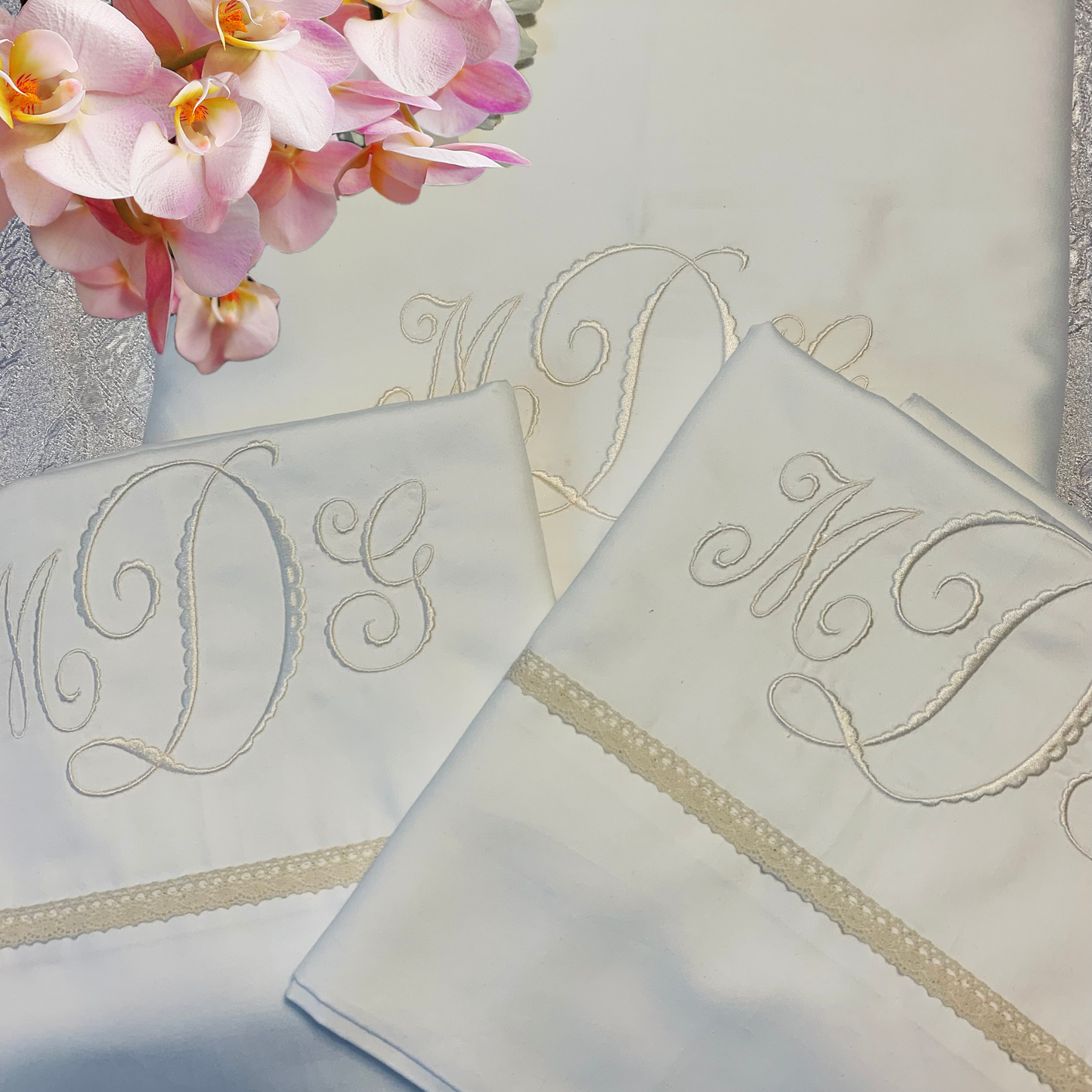 Monogrammed Bed Sheets With Beige Lace Border
