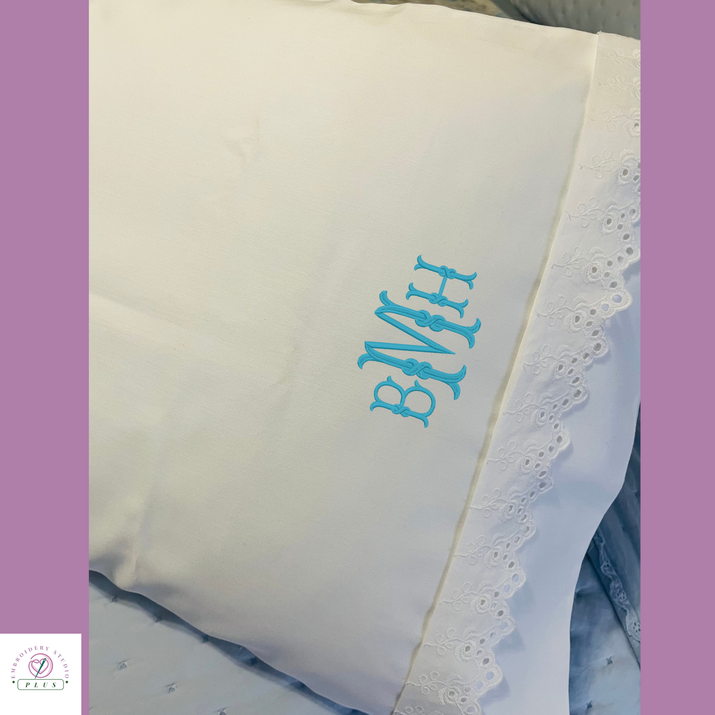 Monogrammed Bed Sheets with Eyelet Lace Trim