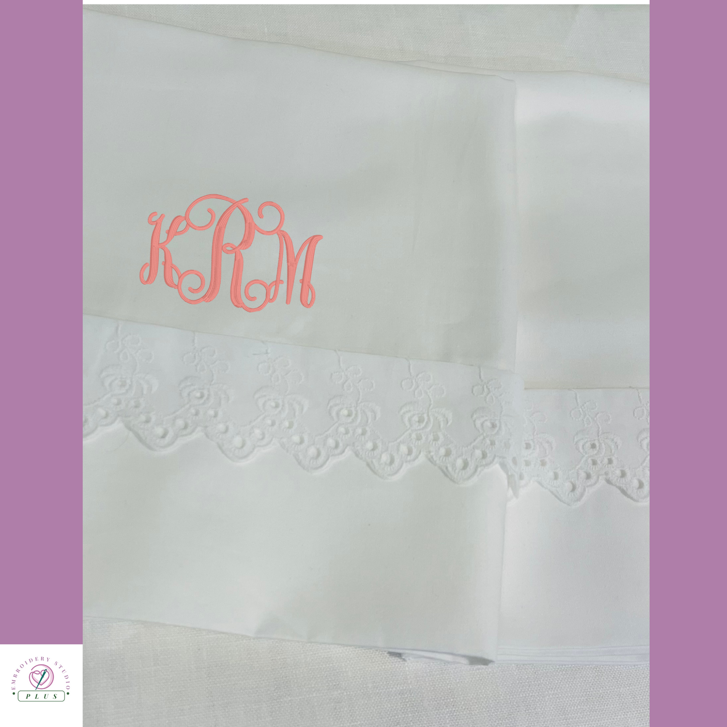 Monogrammed Bed Sheets with Eyelet Lace Trim