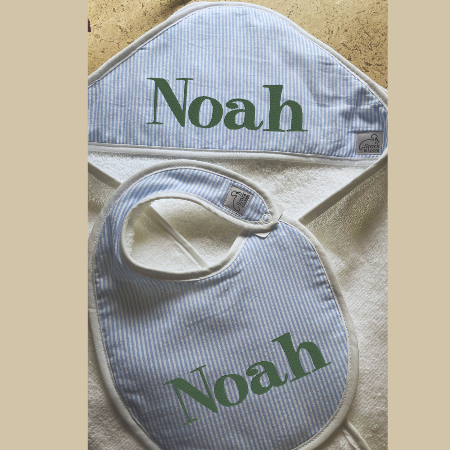 Light Blue Seersucker Classic Bath Towel & Bib Personalized