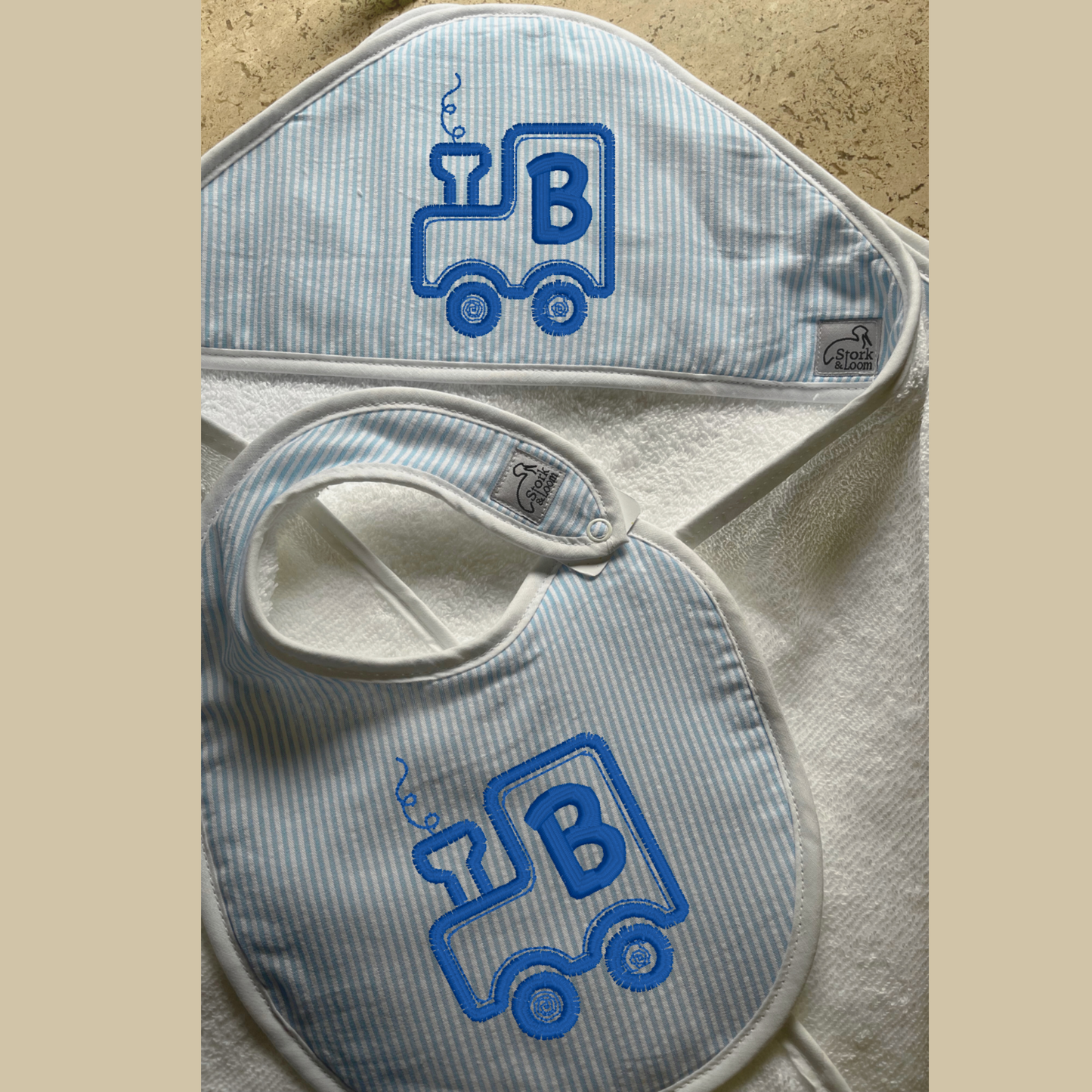 Light Blue Seersucker Classic Bath Towel & Bib Personalized