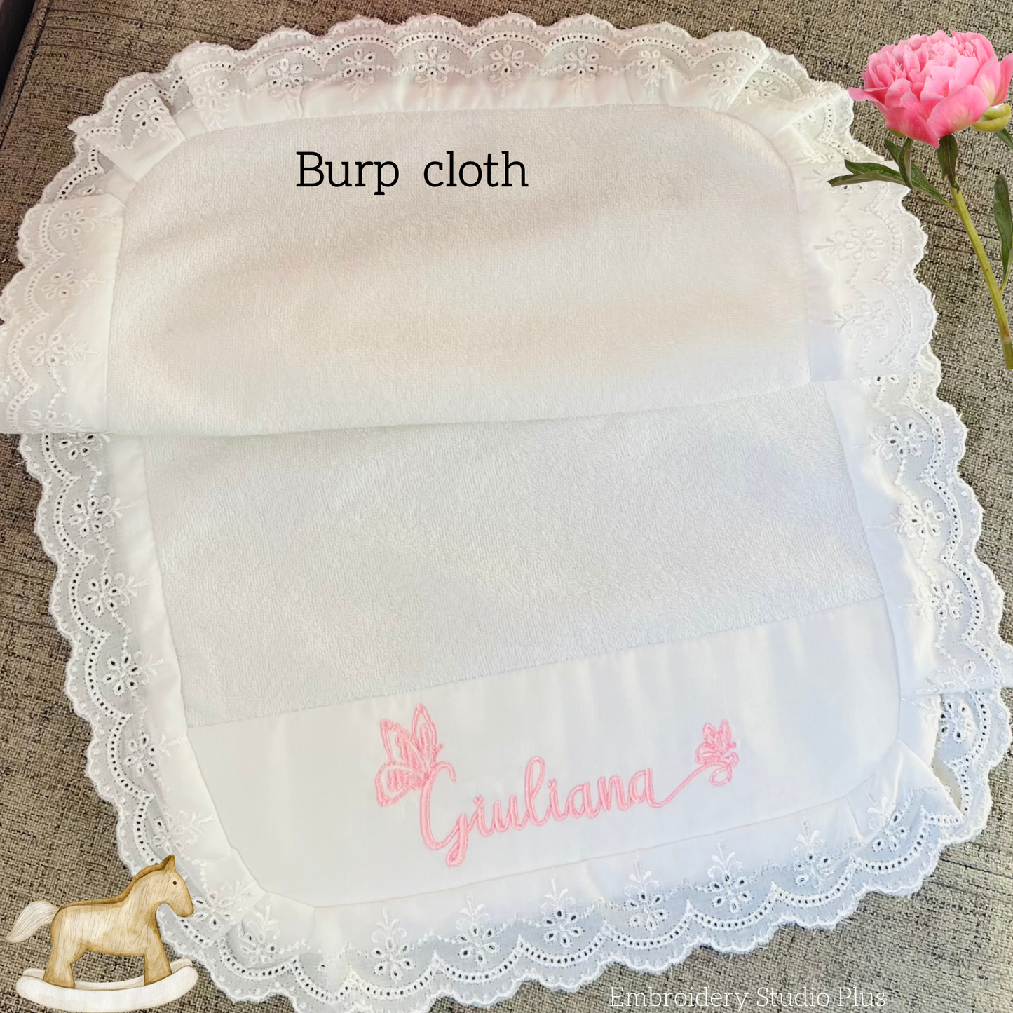 Personalized Baby Gift Set – Embroidered Name or Monogram, 100% Cotton with Lace Trim