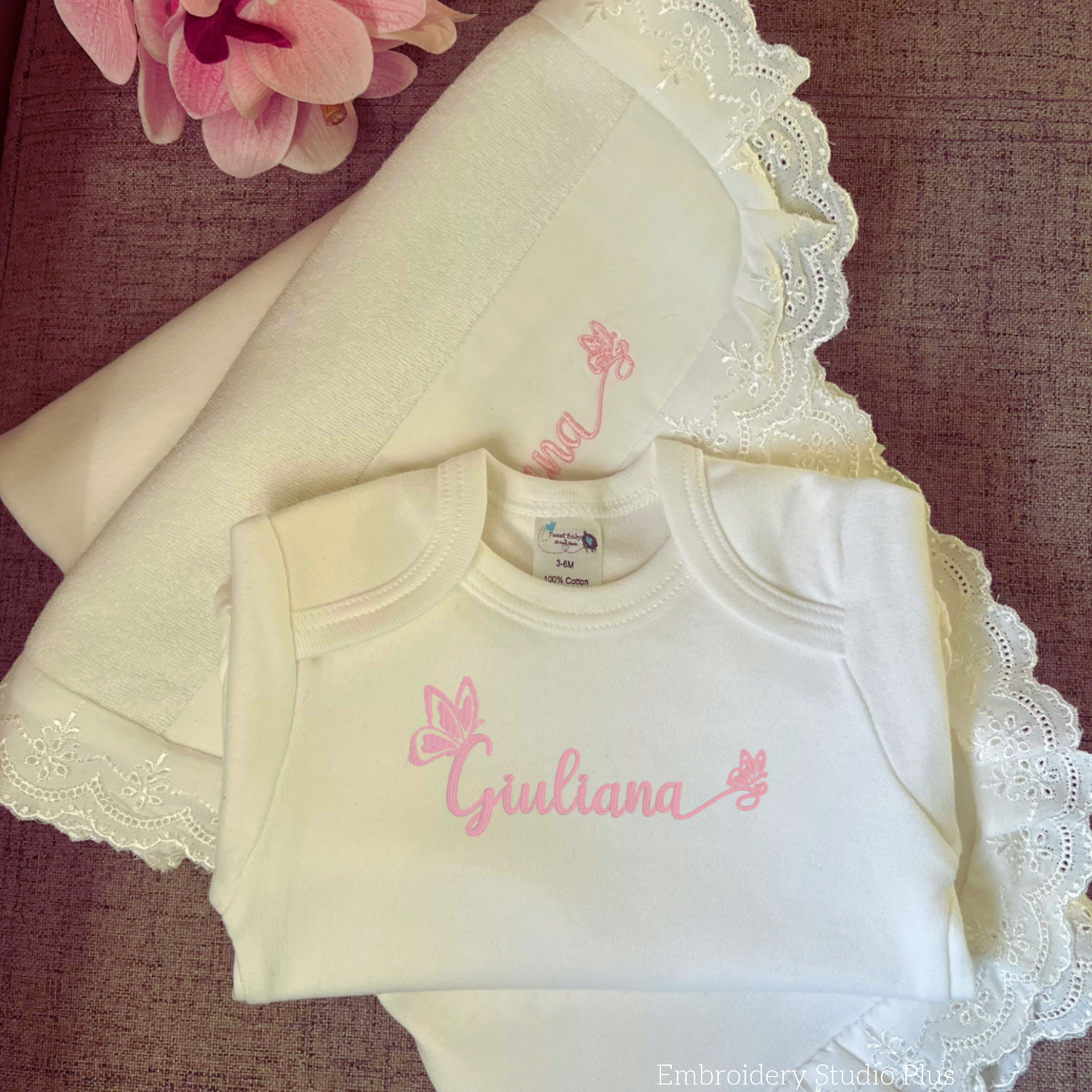 Personalized Baby Gift Set – Embroidered Name or Monogram, 100% Cotton with Lace Trim