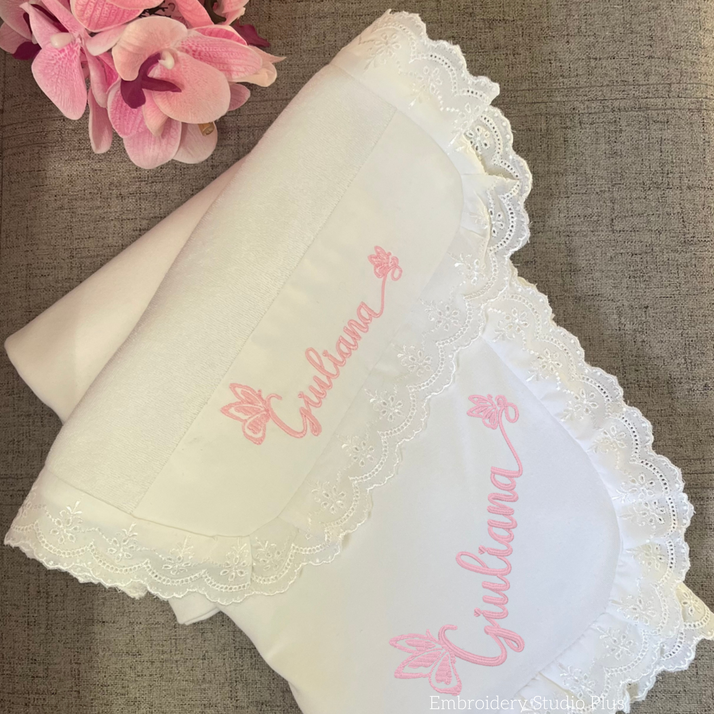Personalized Baby Gift Set – Embroidered Name or Monogram, 100% Cotton with Lace Trim