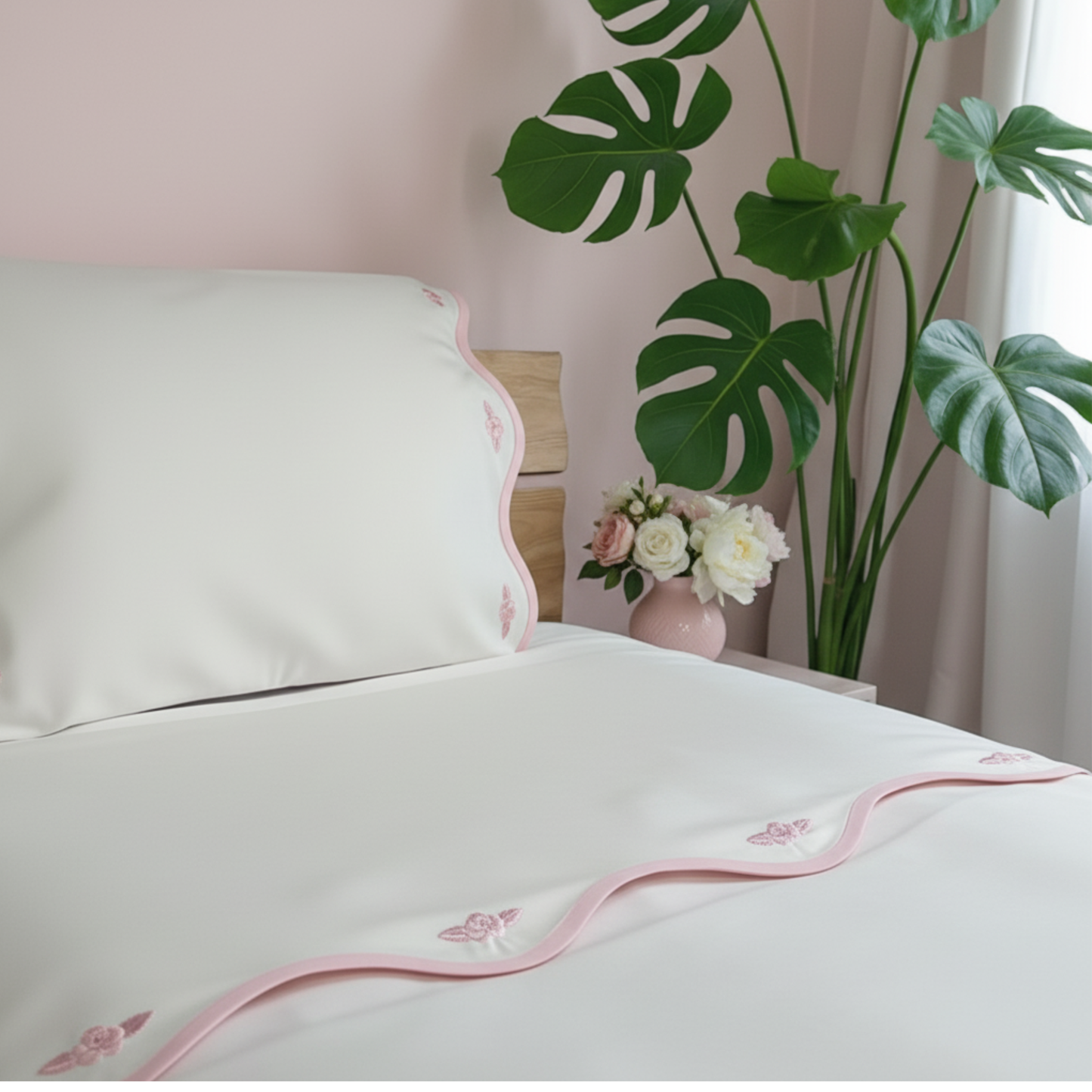Scalloped Edge Floral Sheet Set – Embroidered Roses, 600TC Cotton, Twin, Full, Queen and King Sizes