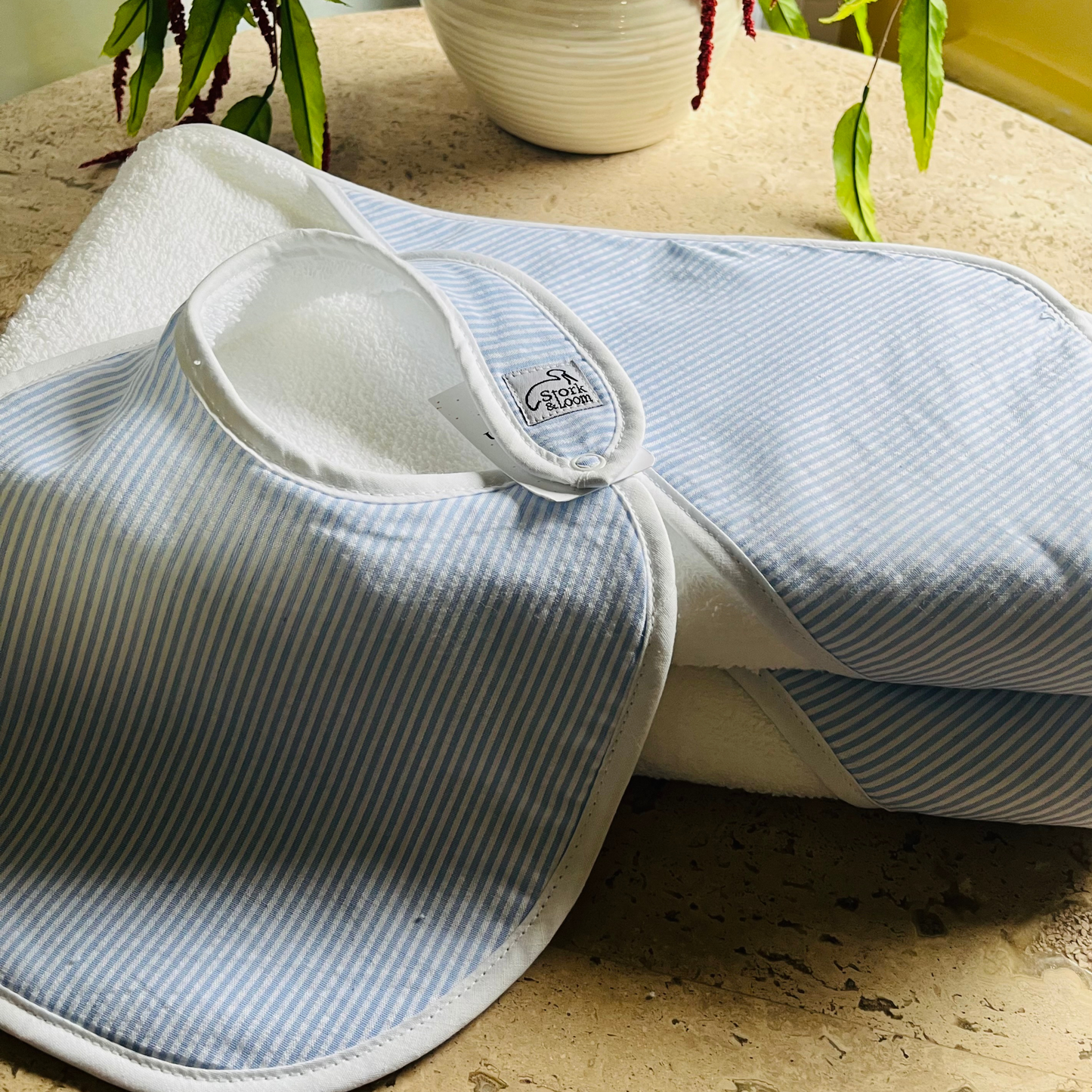Light Blue Seersucker Classic Bath Towel & Bib Personalized