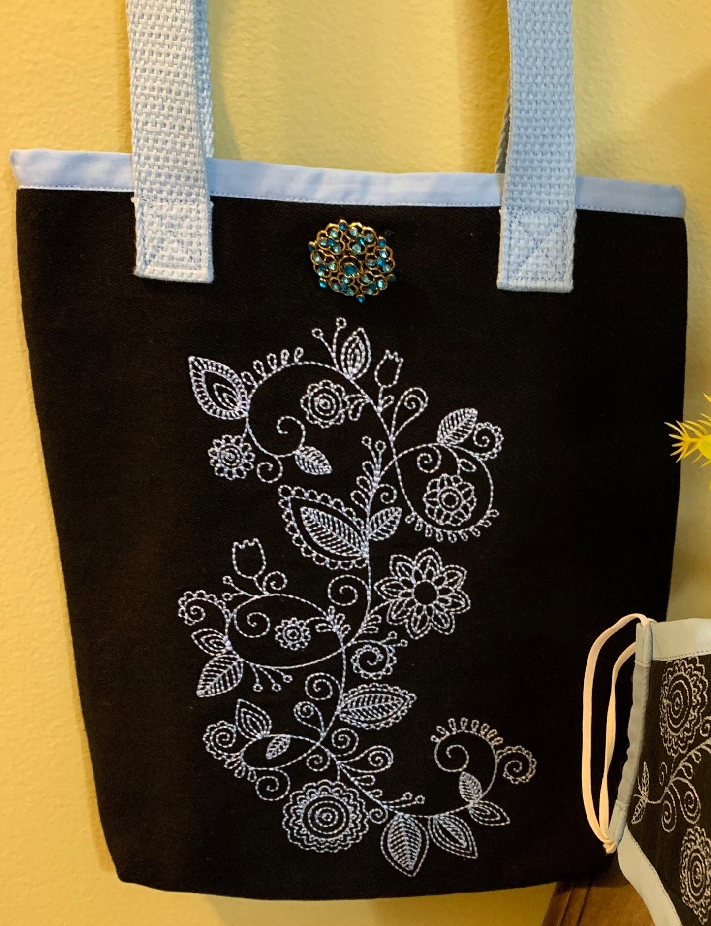 Black Canvas Bag Embroidered With Mehendi Design
