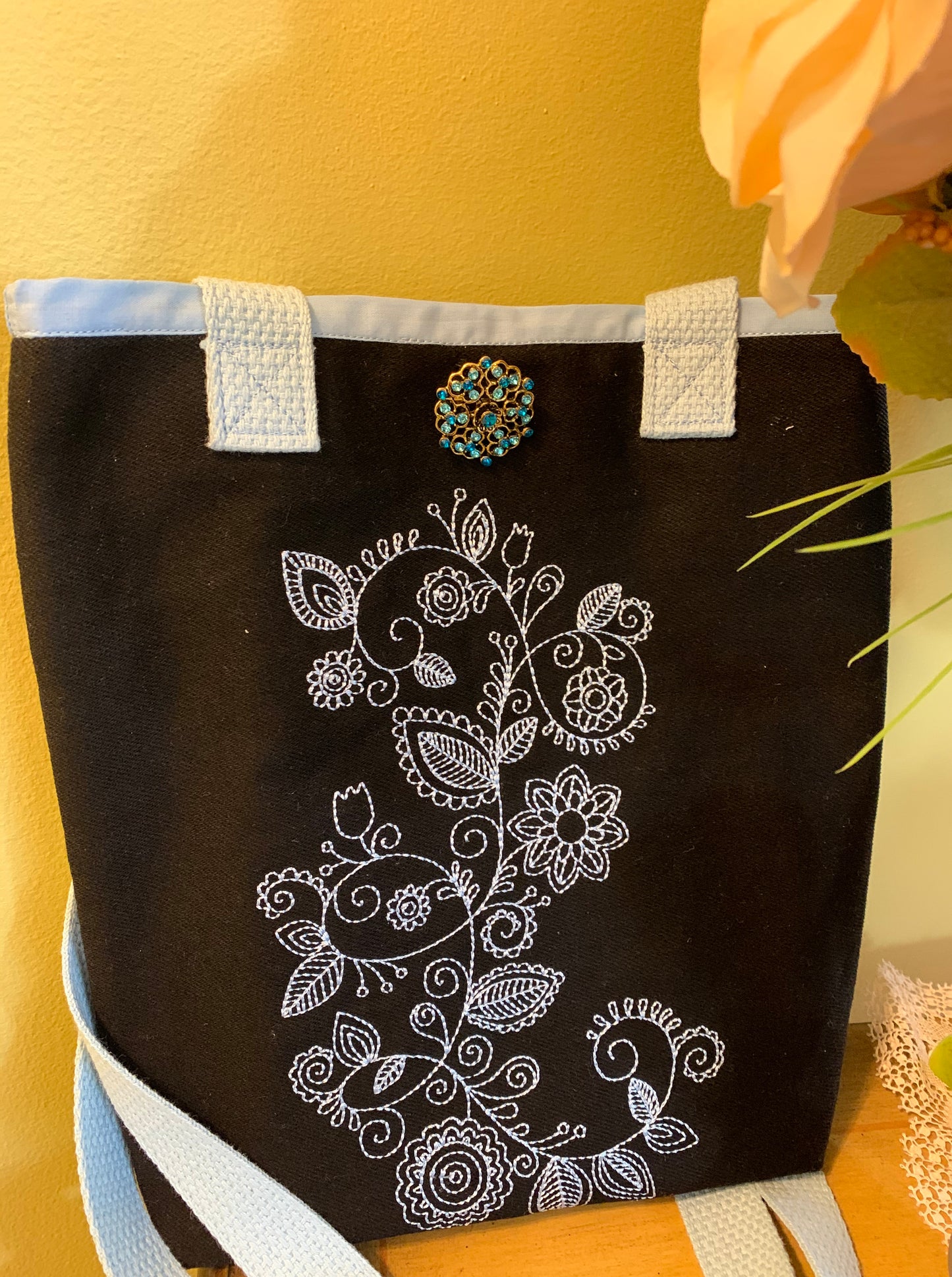 Black Canvas Bag Embroidered With Mehendi Design