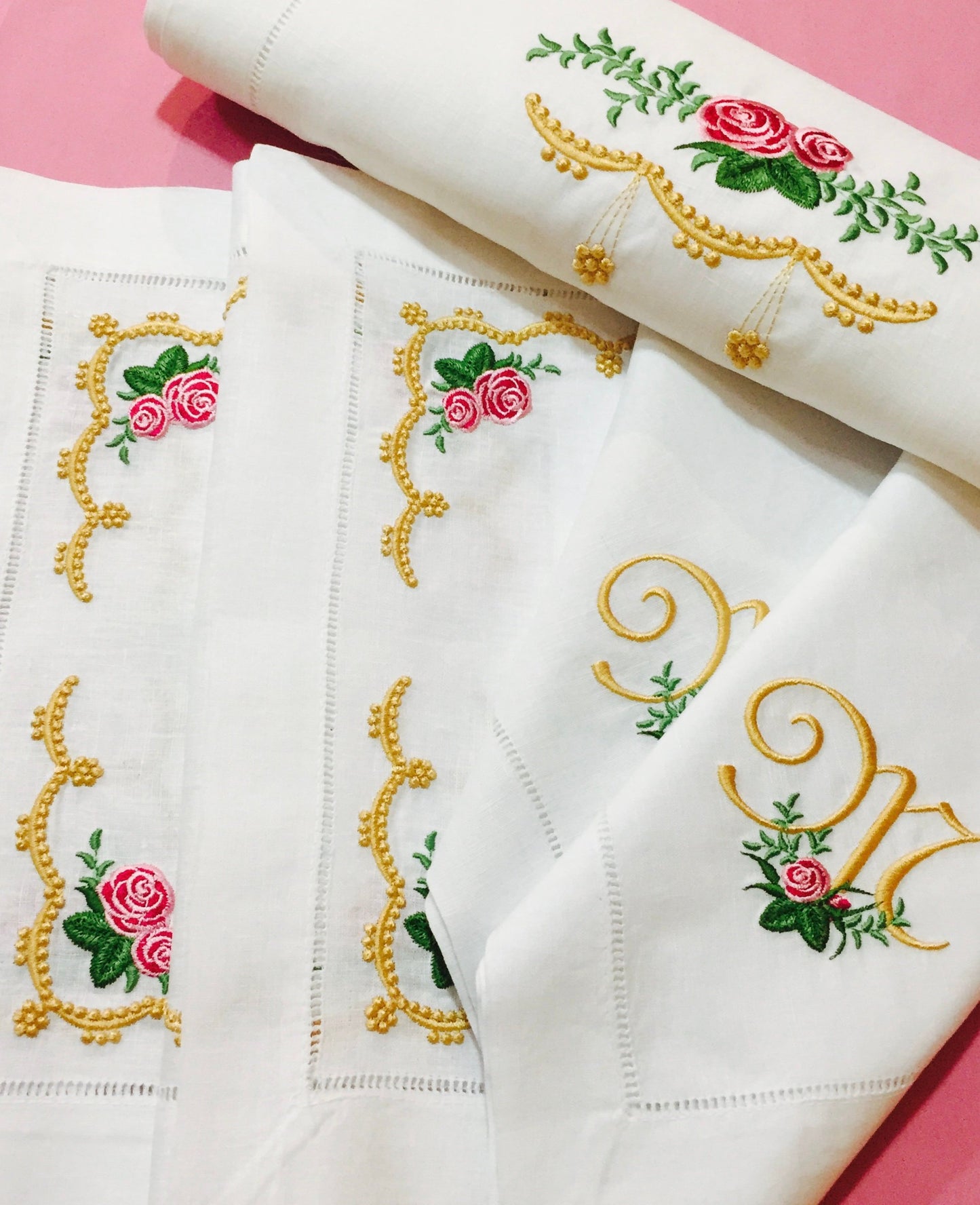 collection of embroidered table linens