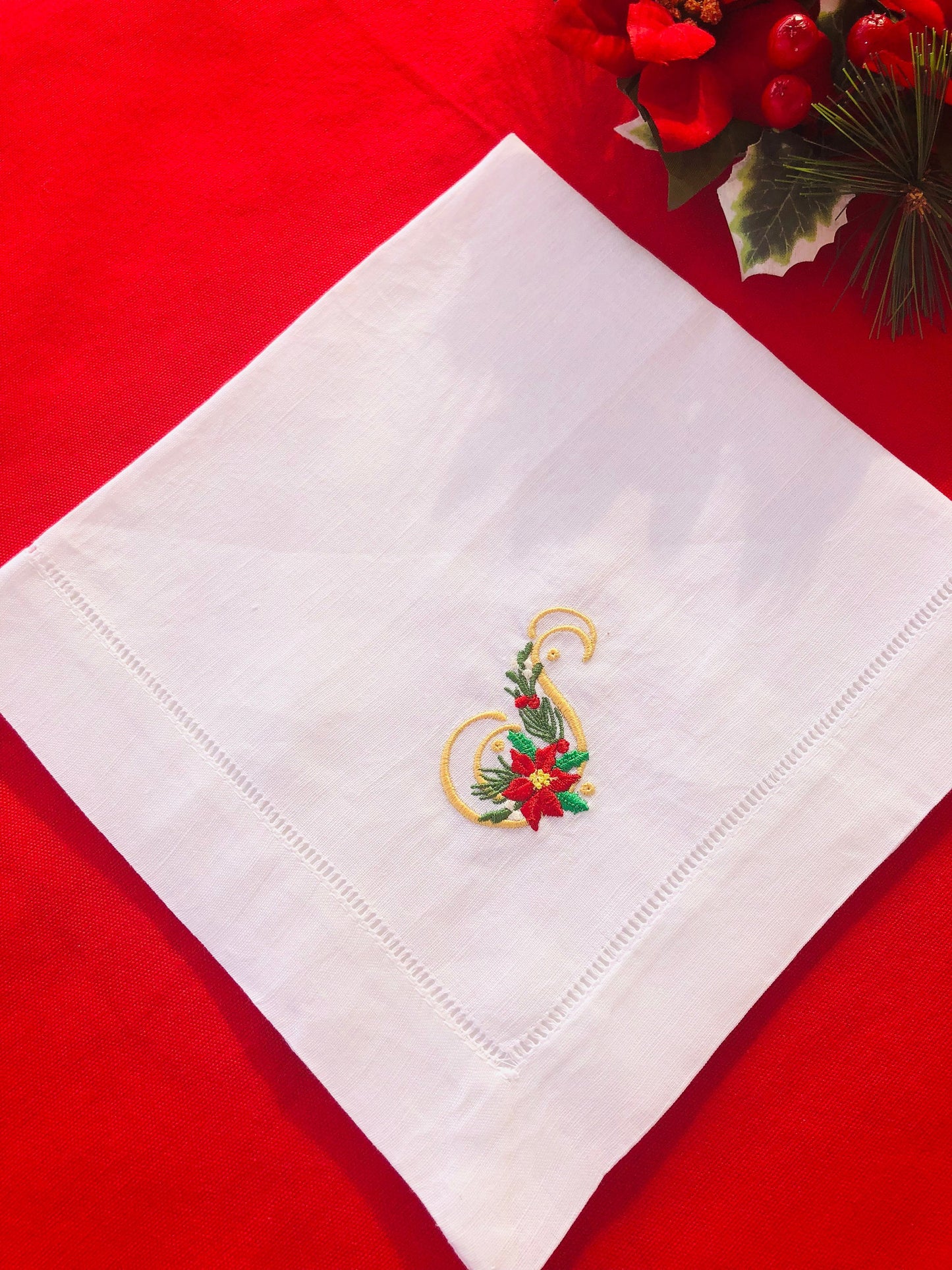 Linen dinner napkin personalized with Christmas monogram