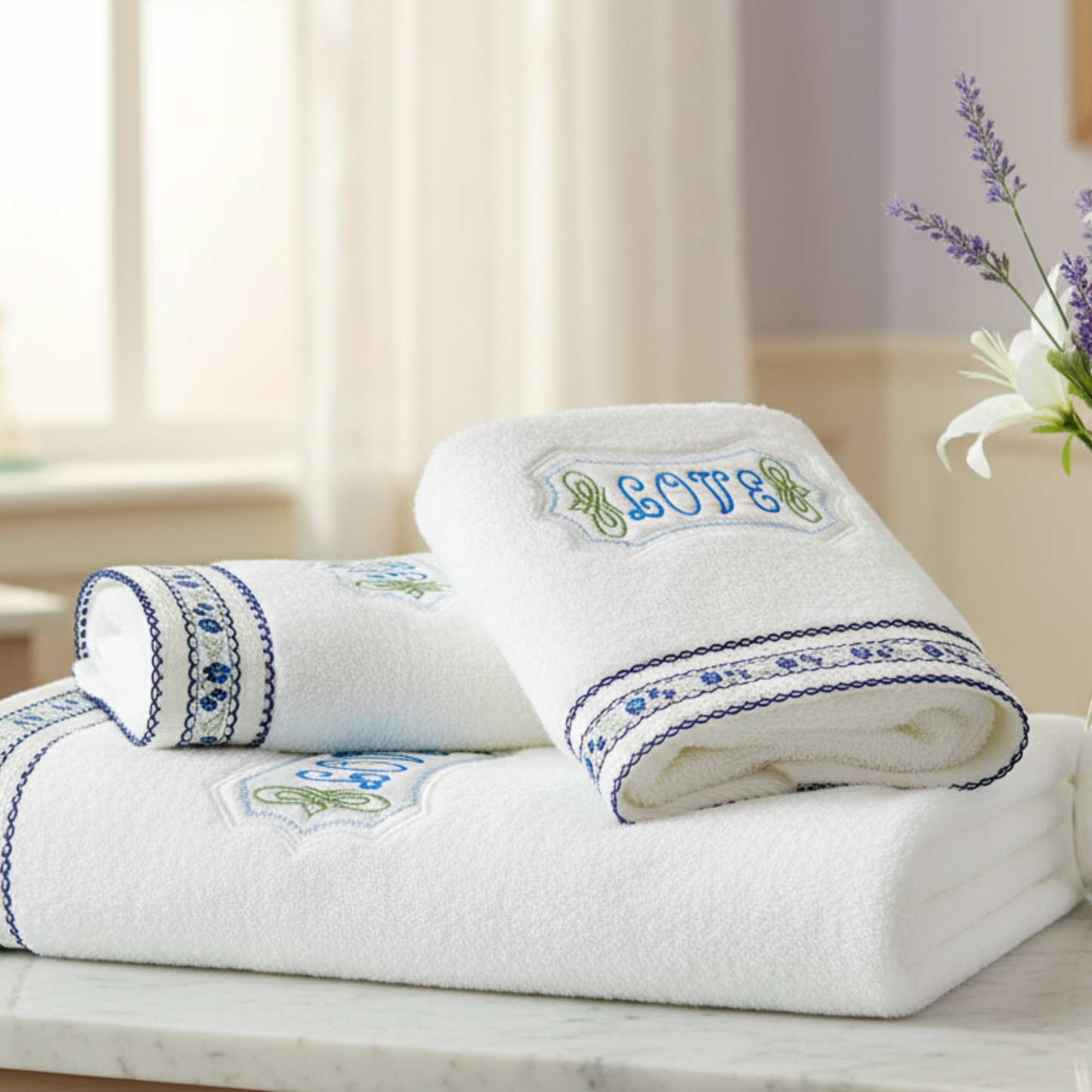 Bath towel inspirations / Personalized with ribbon trim / Home Decor