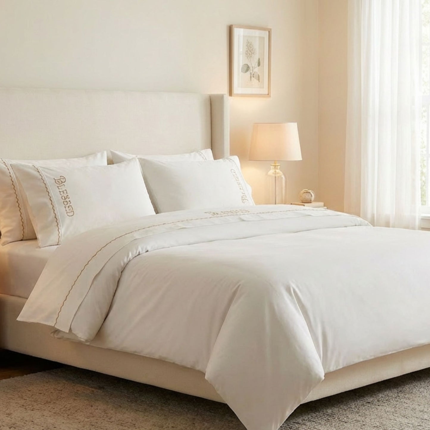 Blessed embroidered bed sheets in 600 thread count 100% cotton. White luxury bedding with scallop trim and custom color embroidery.