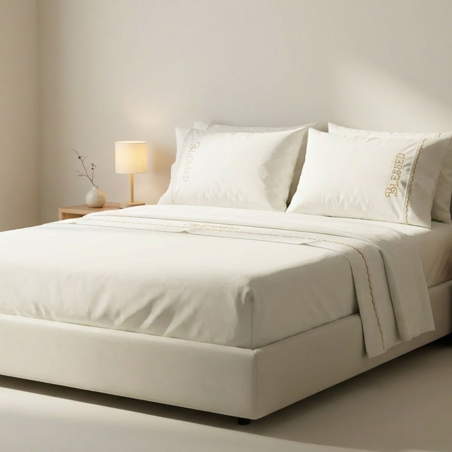 Blessed embroidered bed sheets in 600 thread count 100% cotton. White luxury bedding with scallop trim and custom color embroidery.