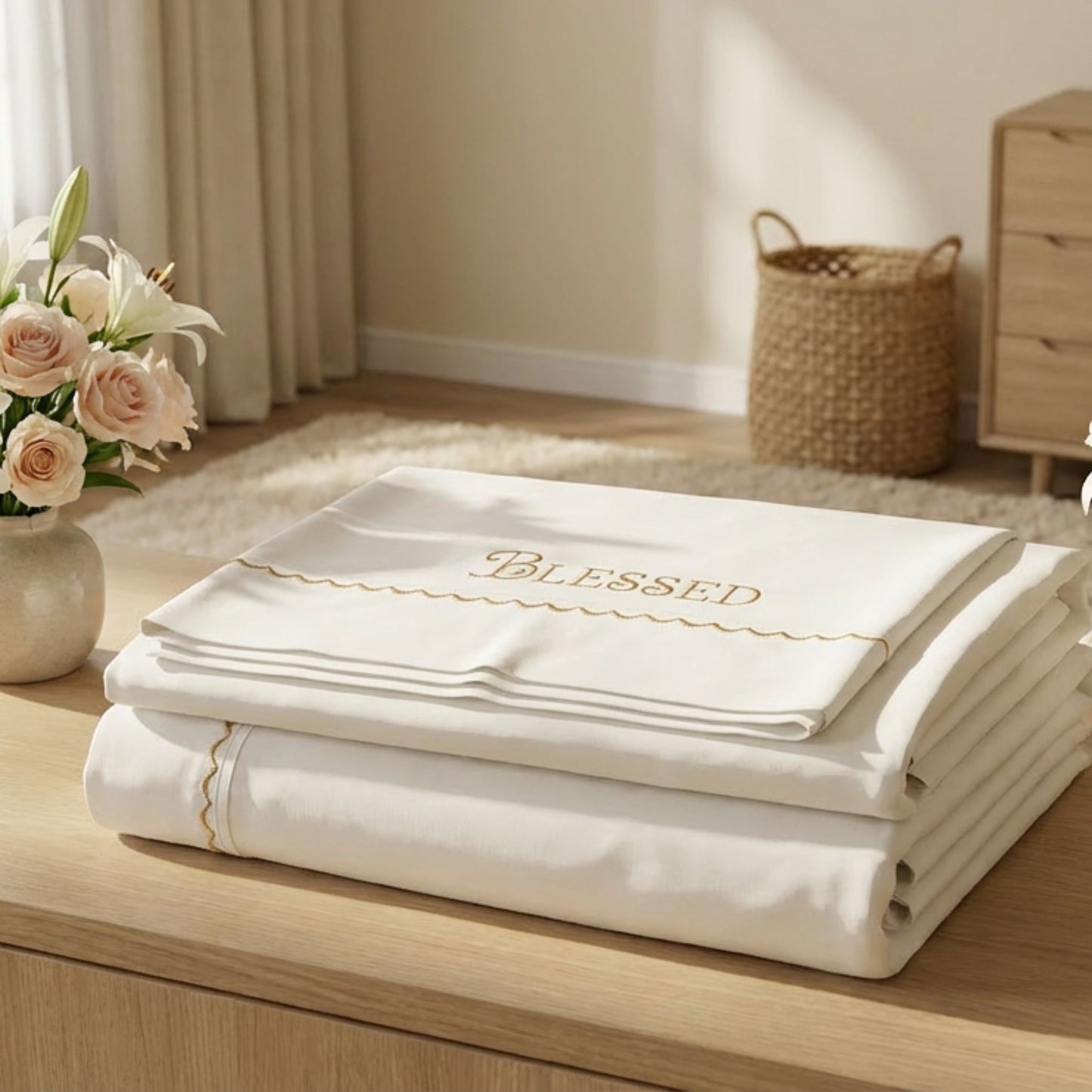 Blessed embroidered bed sheets in 600 thread count 100% cotton. White luxury bedding with scallop trim and custom color embroidery.