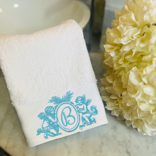 Cherub Angels Monogrammed Bath Towel Set | Personalized and Embroidered for Bathroom Decor