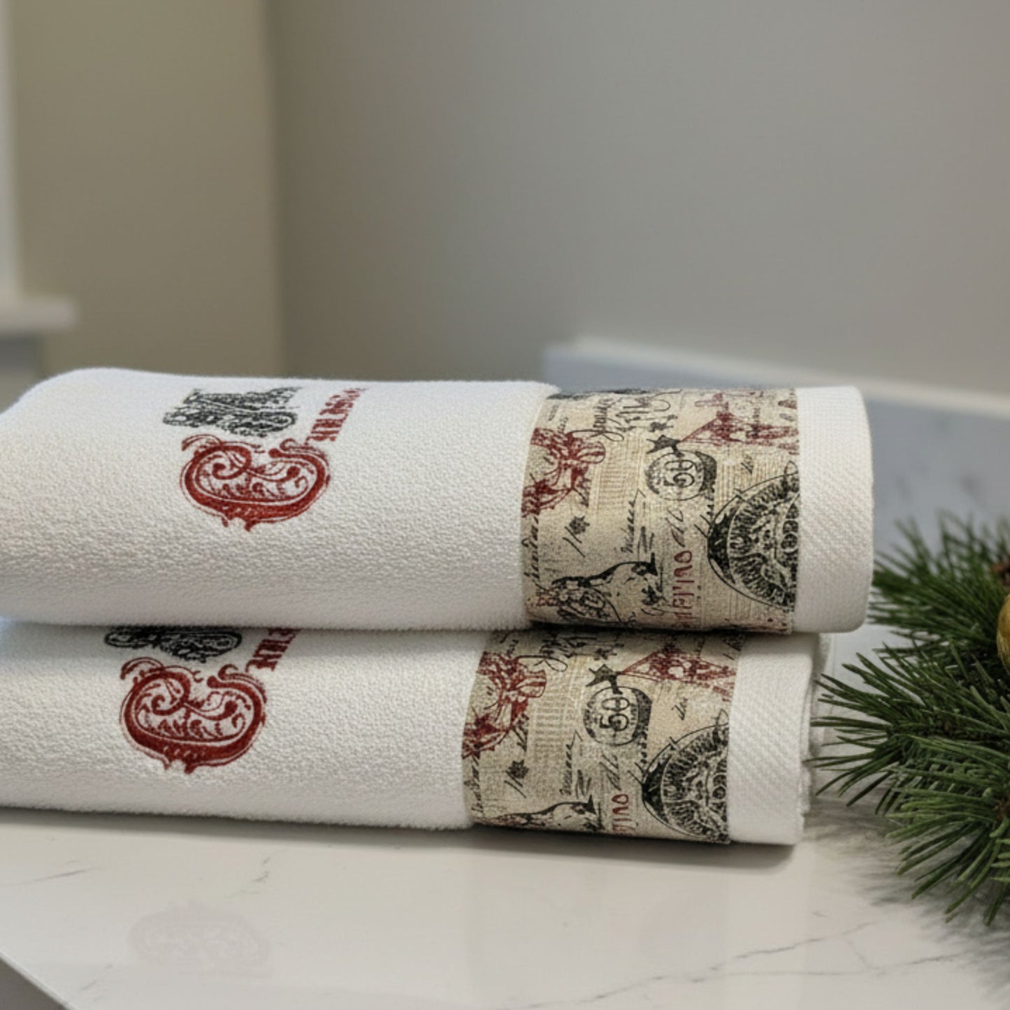 Embroidered Christmas Bath and Hand Towel Set / Holiday Decor