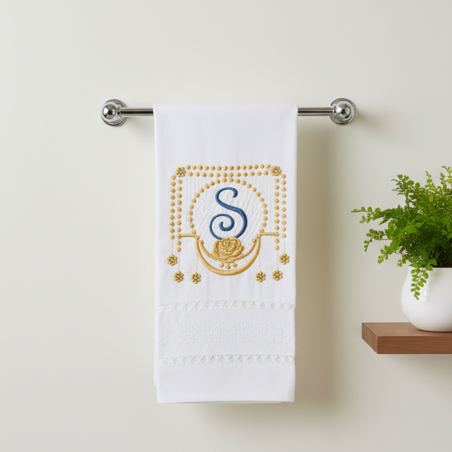 Luxury Linen Guest Towel with Monogram – Pearls and Roses Embroidery