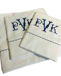 Monogrammed Bed Sheet Sets with Matching Color Scallop Border
