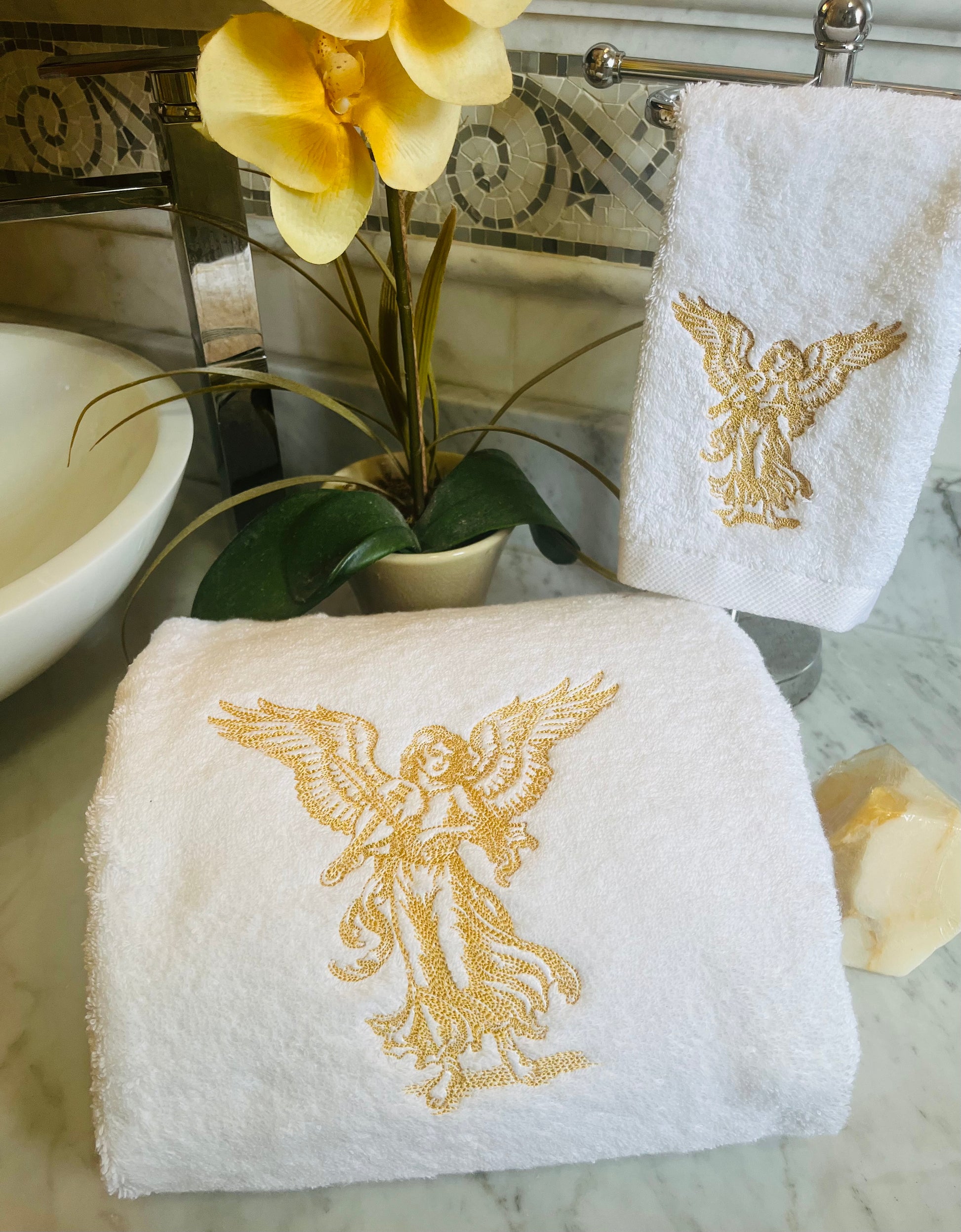 angel embroidered towels gold