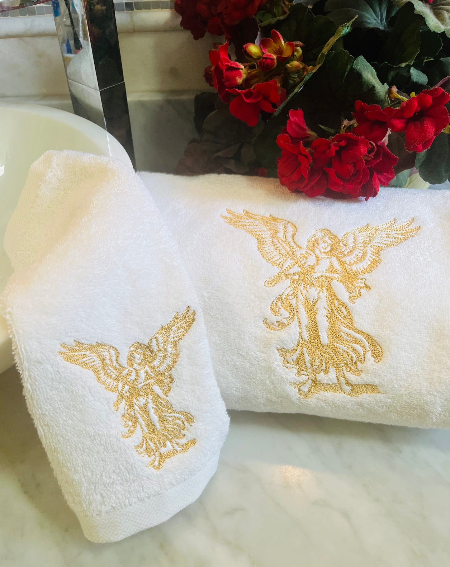 angel embroidered bath towels