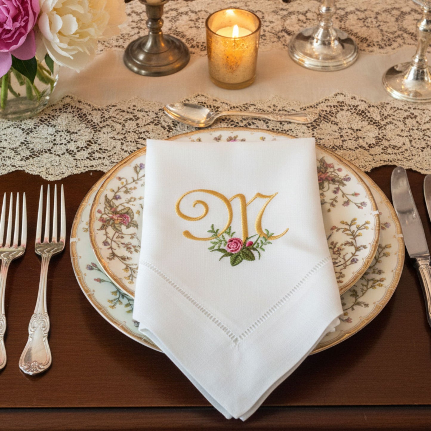 Linen Dinner Napkins embroidered with Rose monogram (Set of 2)/ Home decor