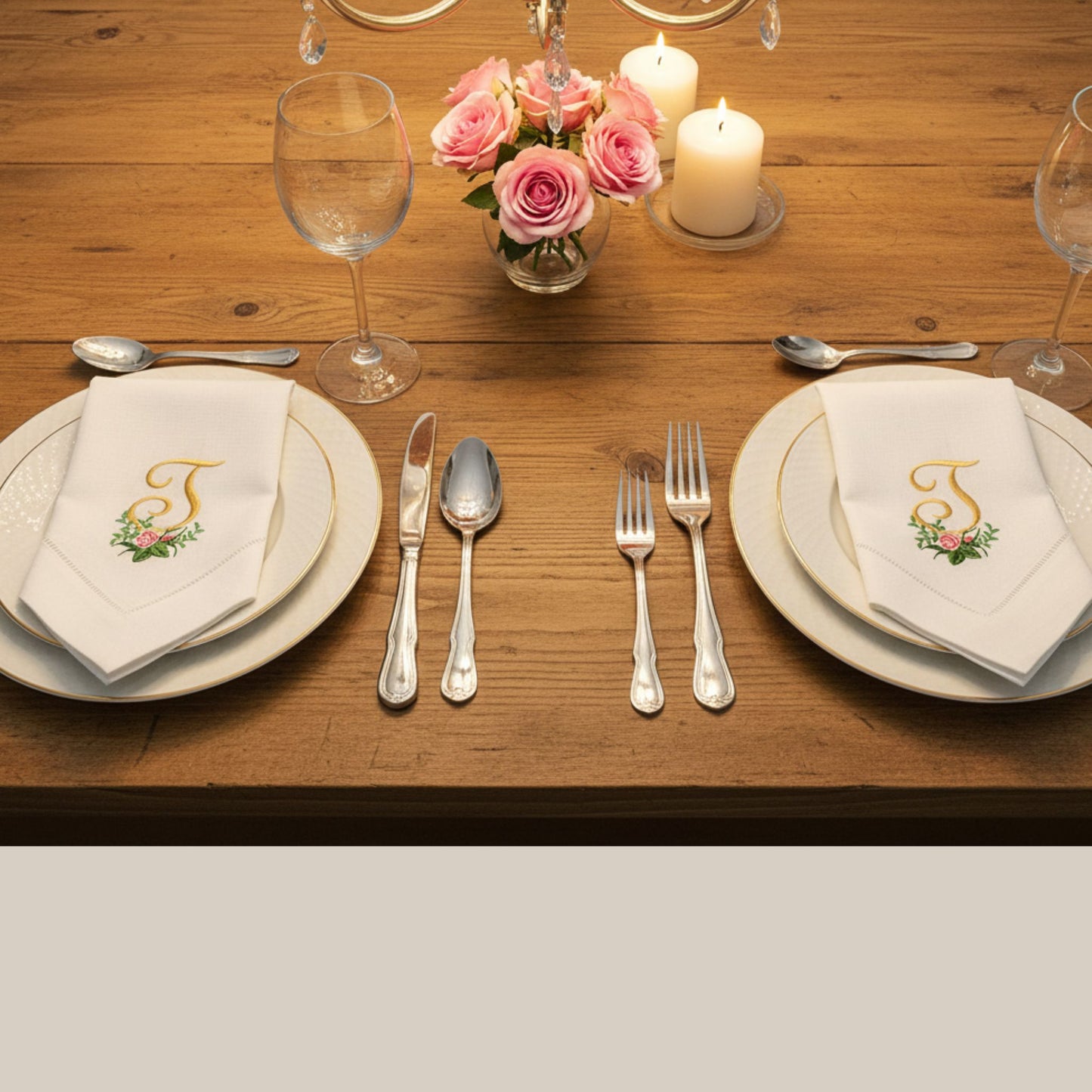 Linen Dinner Napkins embroidered with Rose monogram (Set of 2)/ Home decor