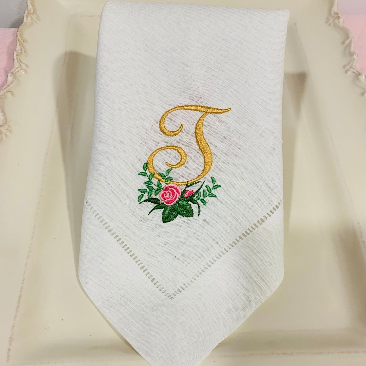 Linen Dinner Napkins embroidered with Rose monogram (Set of 2)/ Home decor