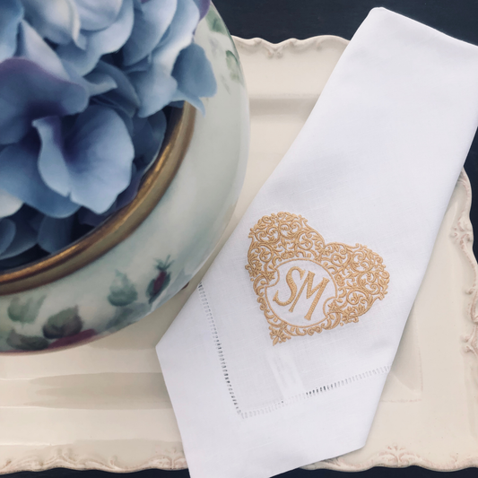 Monogrammed Linen Dinner Napkins: Embroidered Heart Frame, Set of 2, Home Decor
