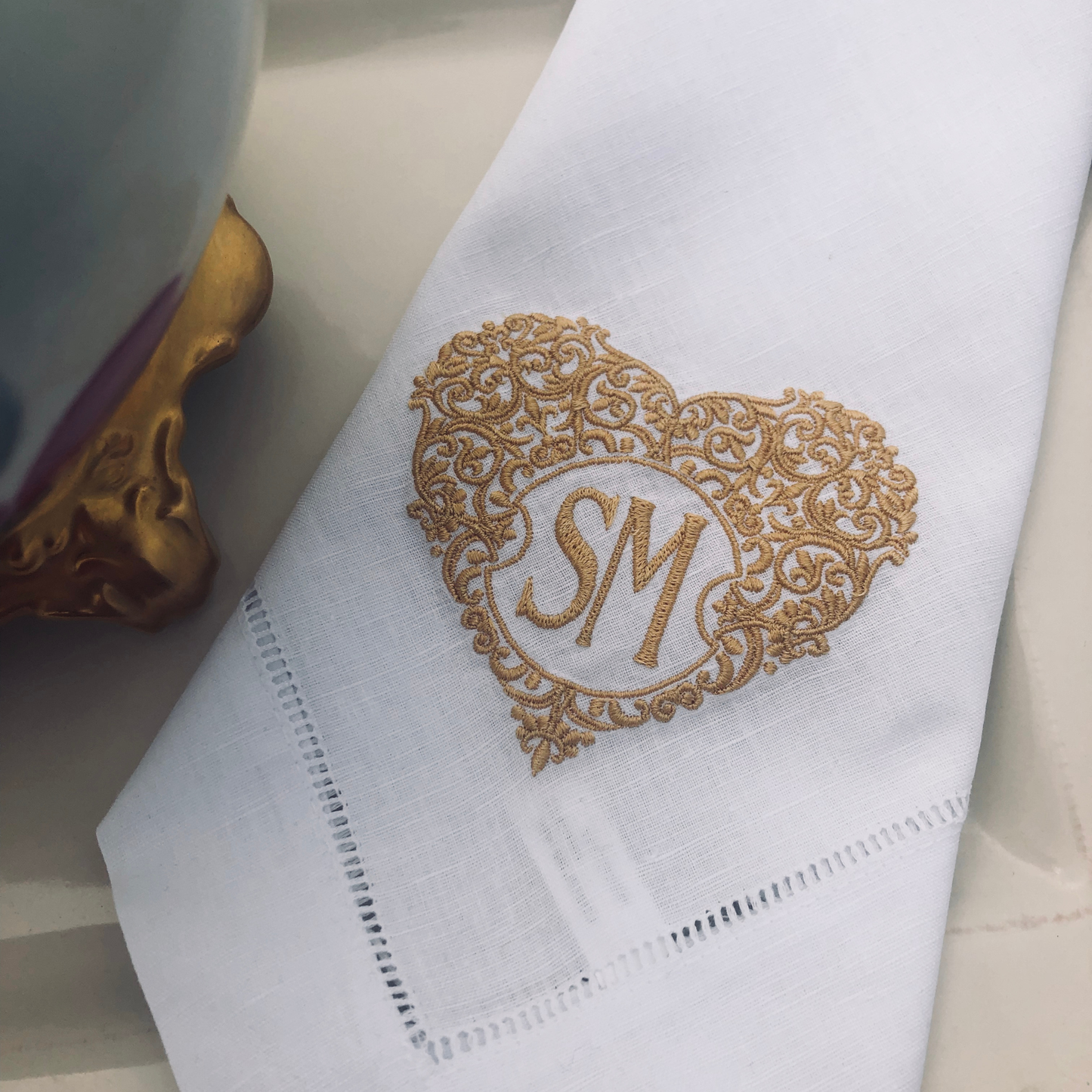 Monogrammed Linen Dinner Napkins: Embroidered Heart Frame, Set of 2, Home Decor