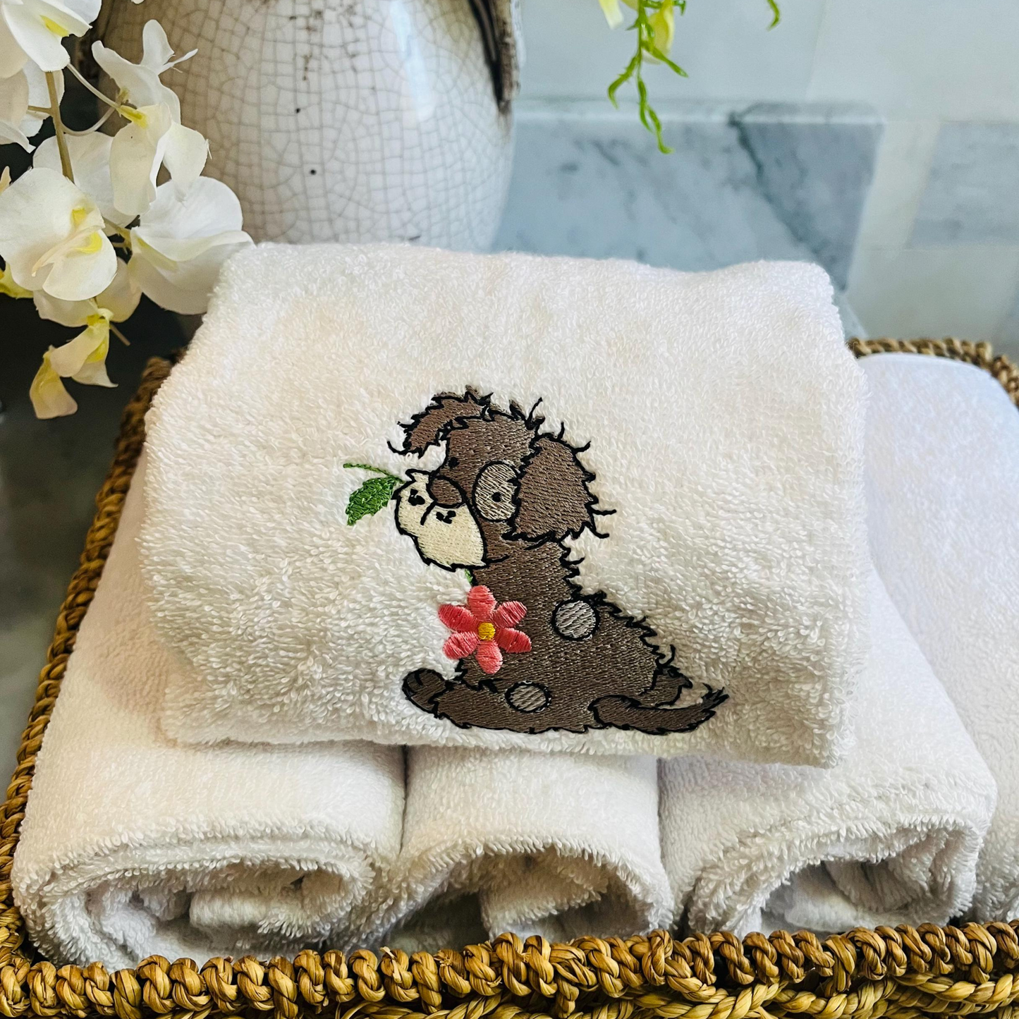 Puppy Embroidered Bath Towel Set
