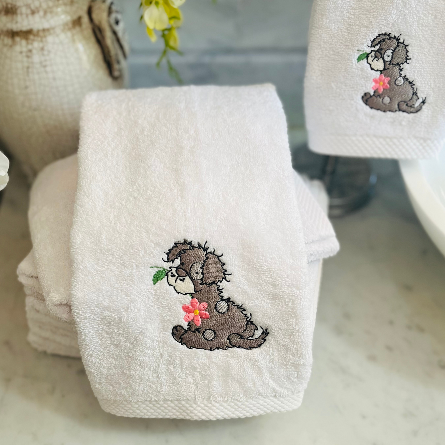 Puppy Embroidered Bath Towel Set