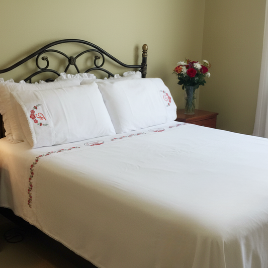 Embroidered Floral Cotton Bed Sheet Set - Personalized Monogram Bedding - Home Decor