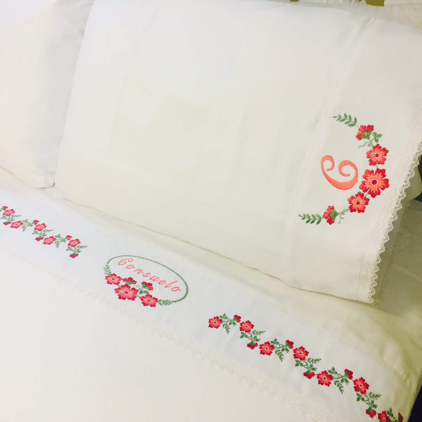 Embroidered Floral Cotton Bed Sheet Set - Personalized Monogram Bedding - Home Decor
