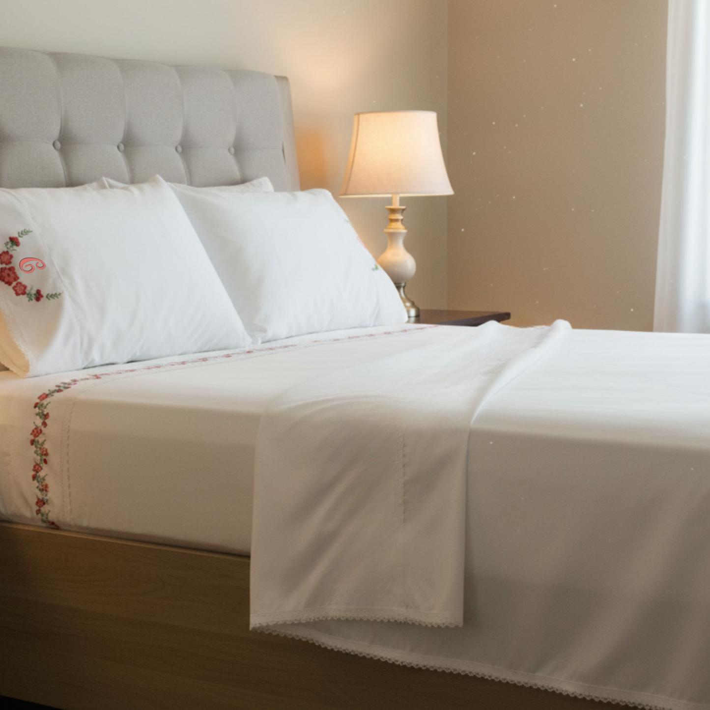 Embroidered Floral Cotton Bed Sheet Set - Personalized Monogram Bedding - Home Decor