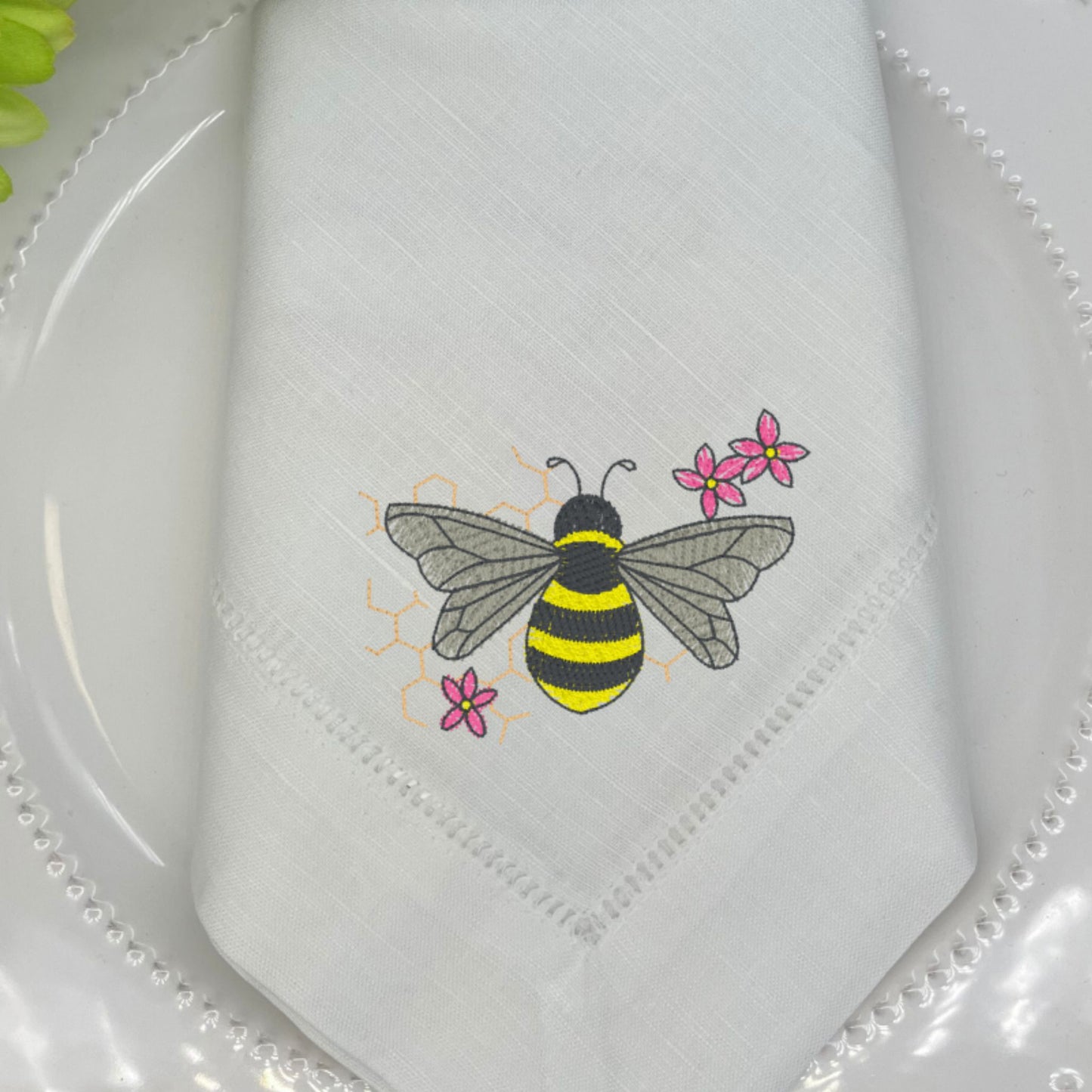 Embroidered Linen Dinner Napkin Bee Design Set of 2 | Hemstitched White | Dinning Table Decor