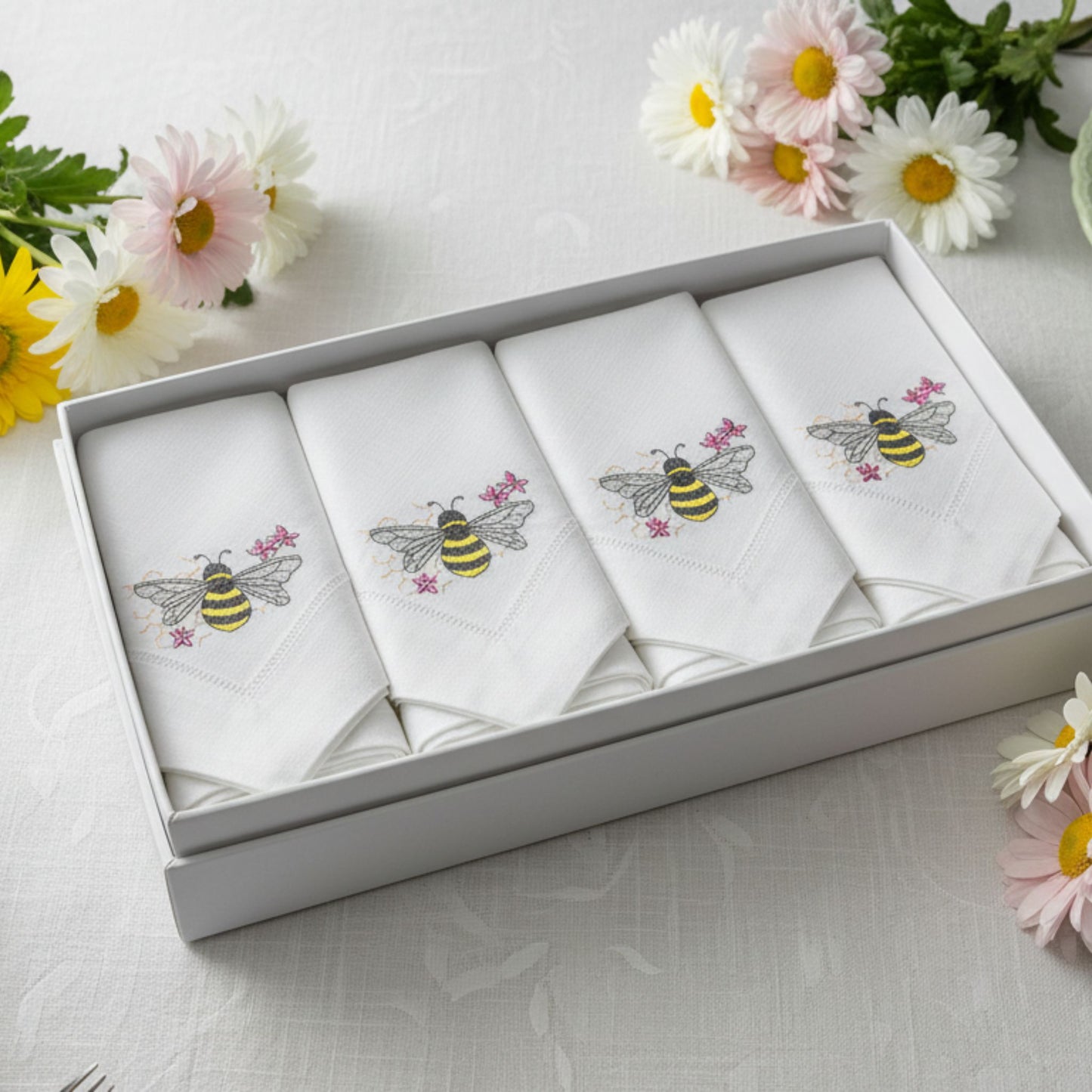 Embroidered Linen Dinner Napkin Bee Design Set of 2 | Hemstitched White | Dinning Table Decor